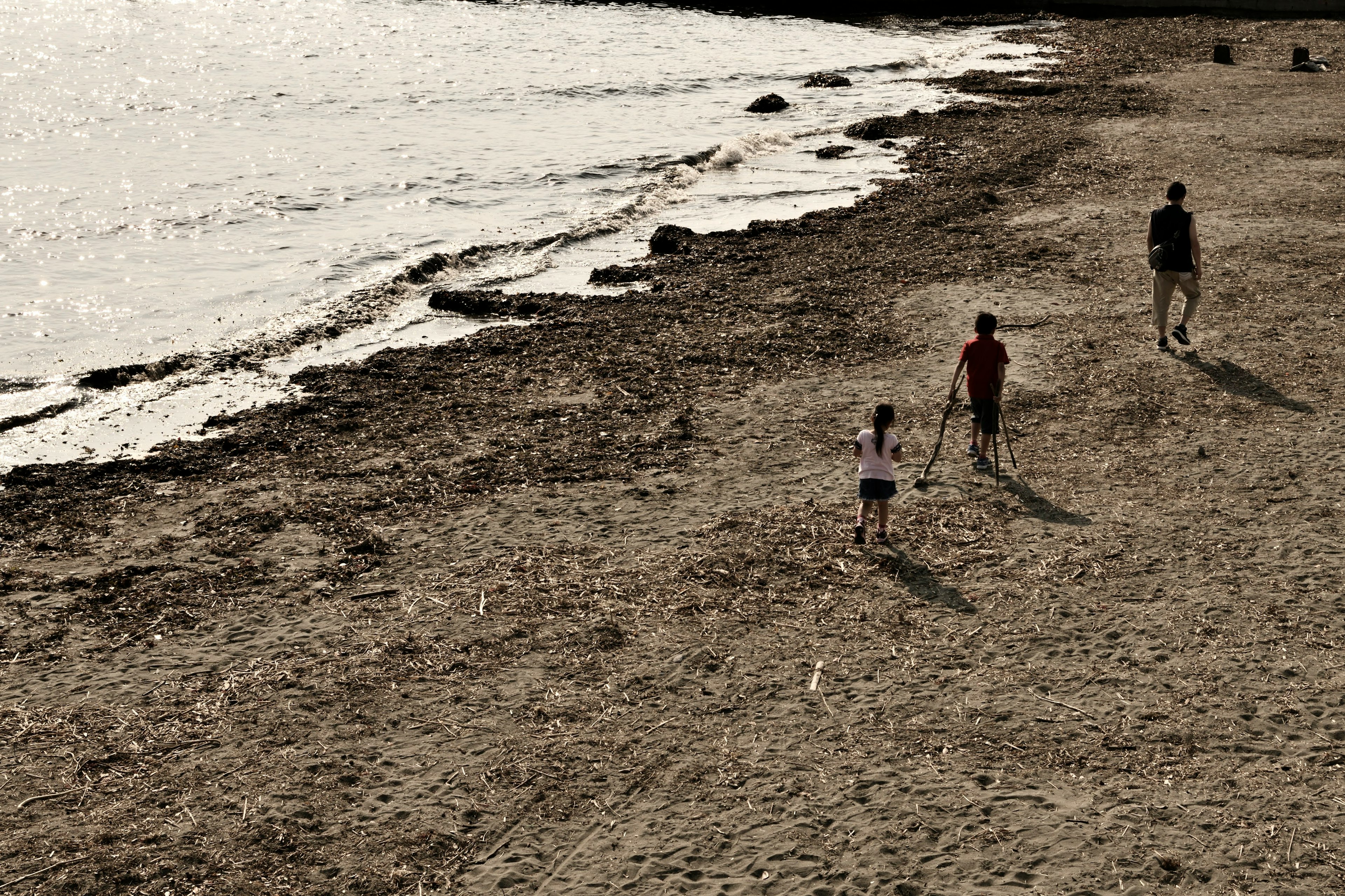 Silhouettes d'enfants et d'un adulte marchant sur la plage