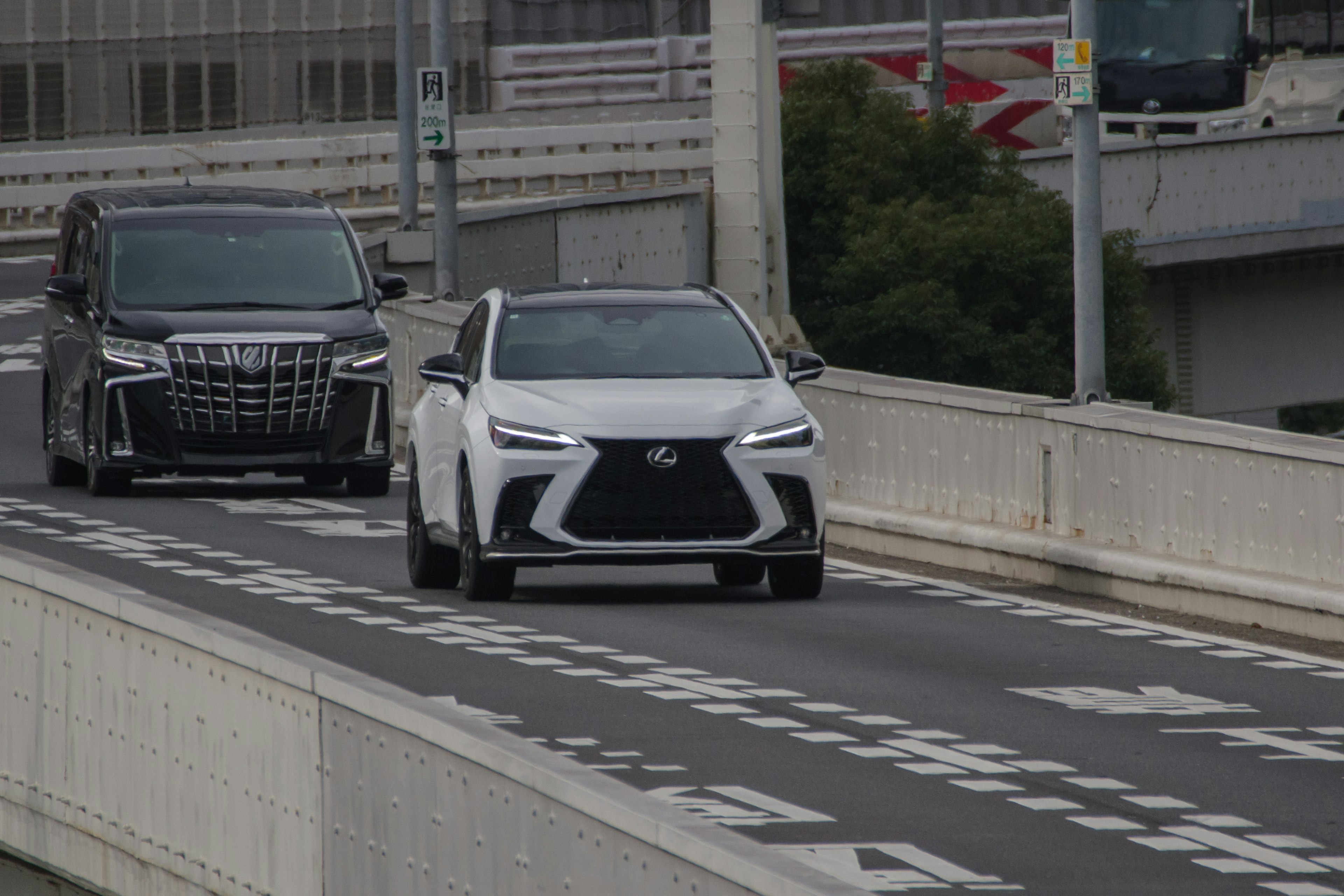 Luxury SUVs in white and black driving on a highway