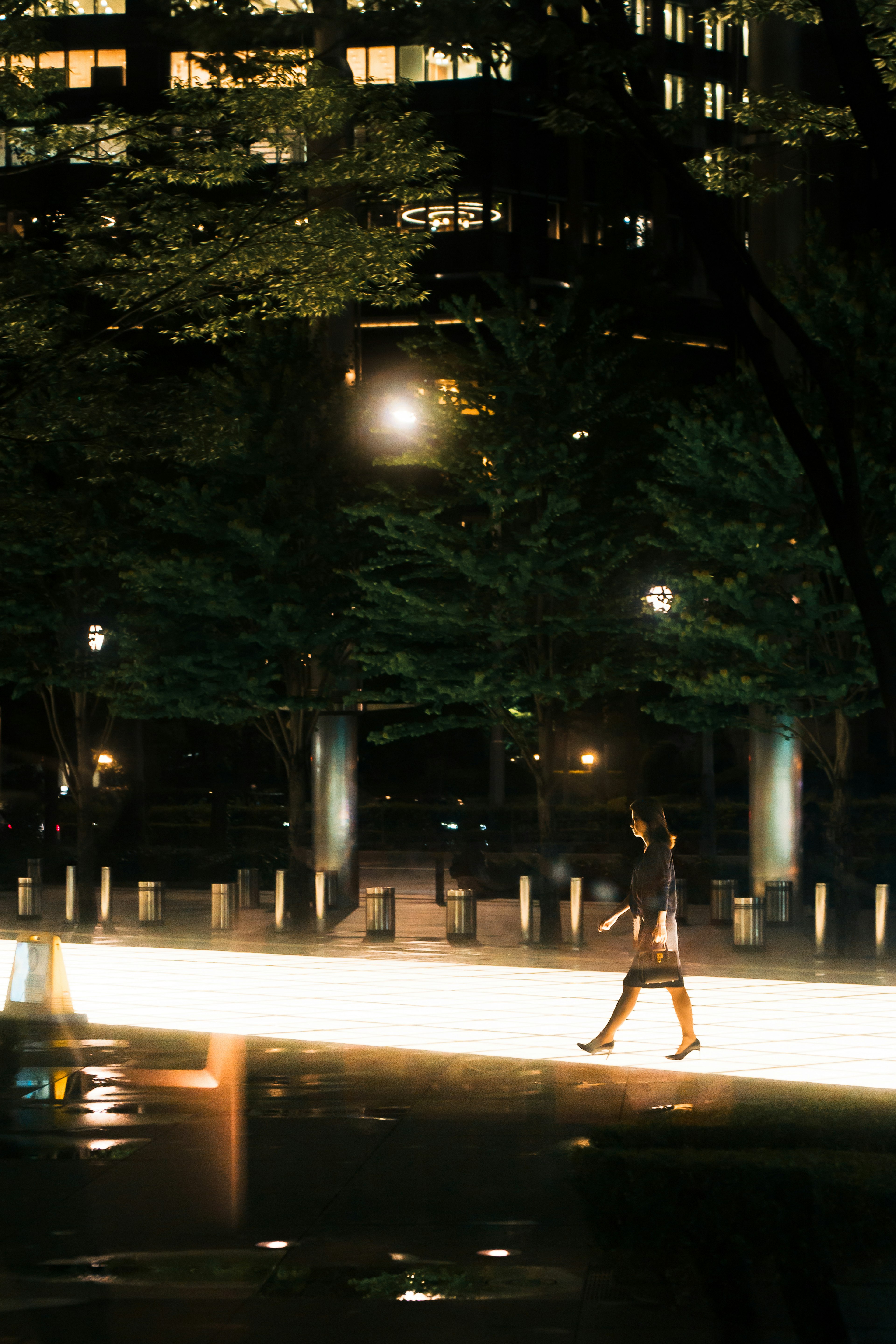 Mujer caminando en un parque de noche con un camino iluminado