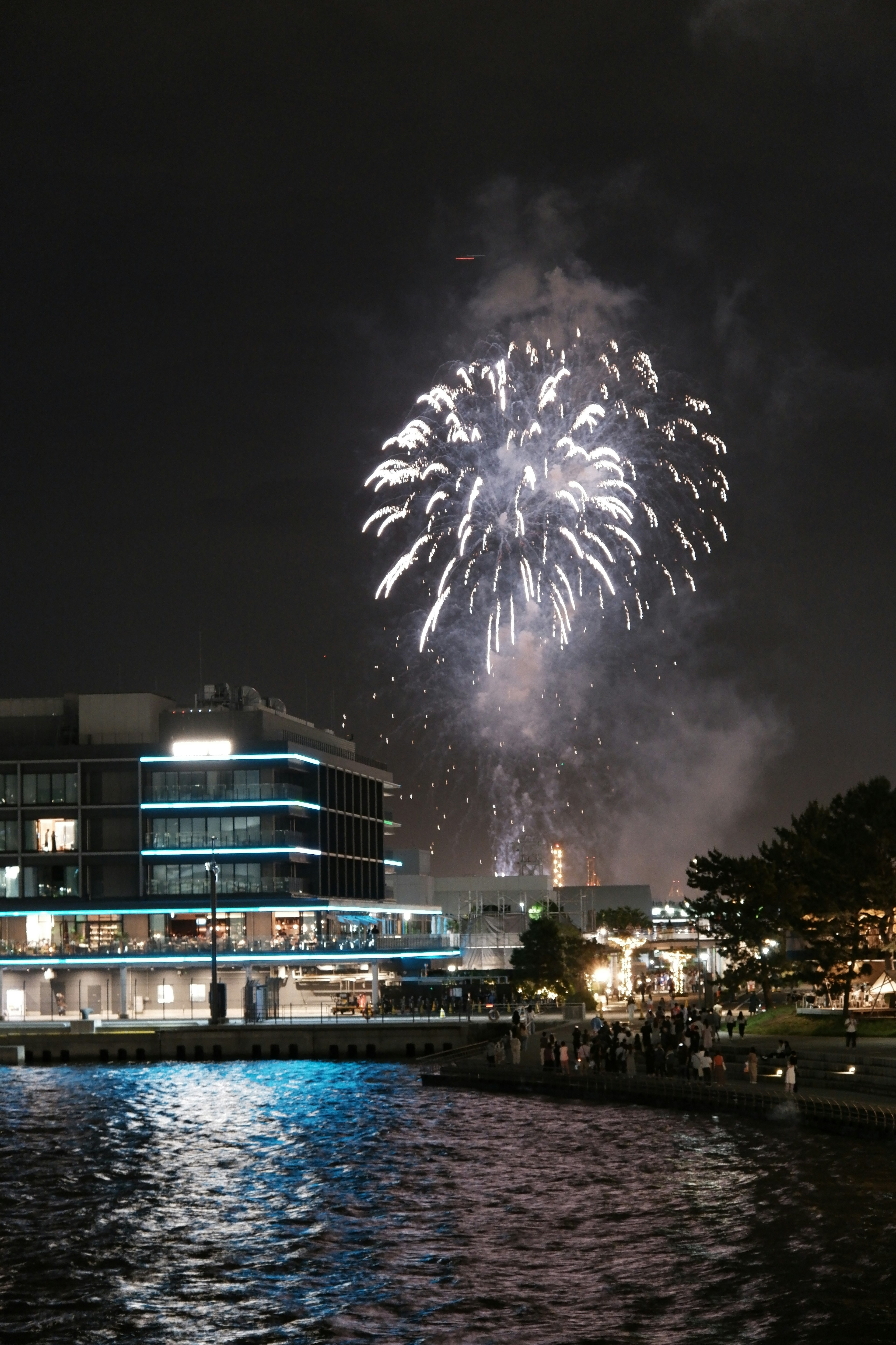 Eine Szene mit Feuerwerk, das den Nachthimmel erleuchtet und sich im Wasser spiegelt