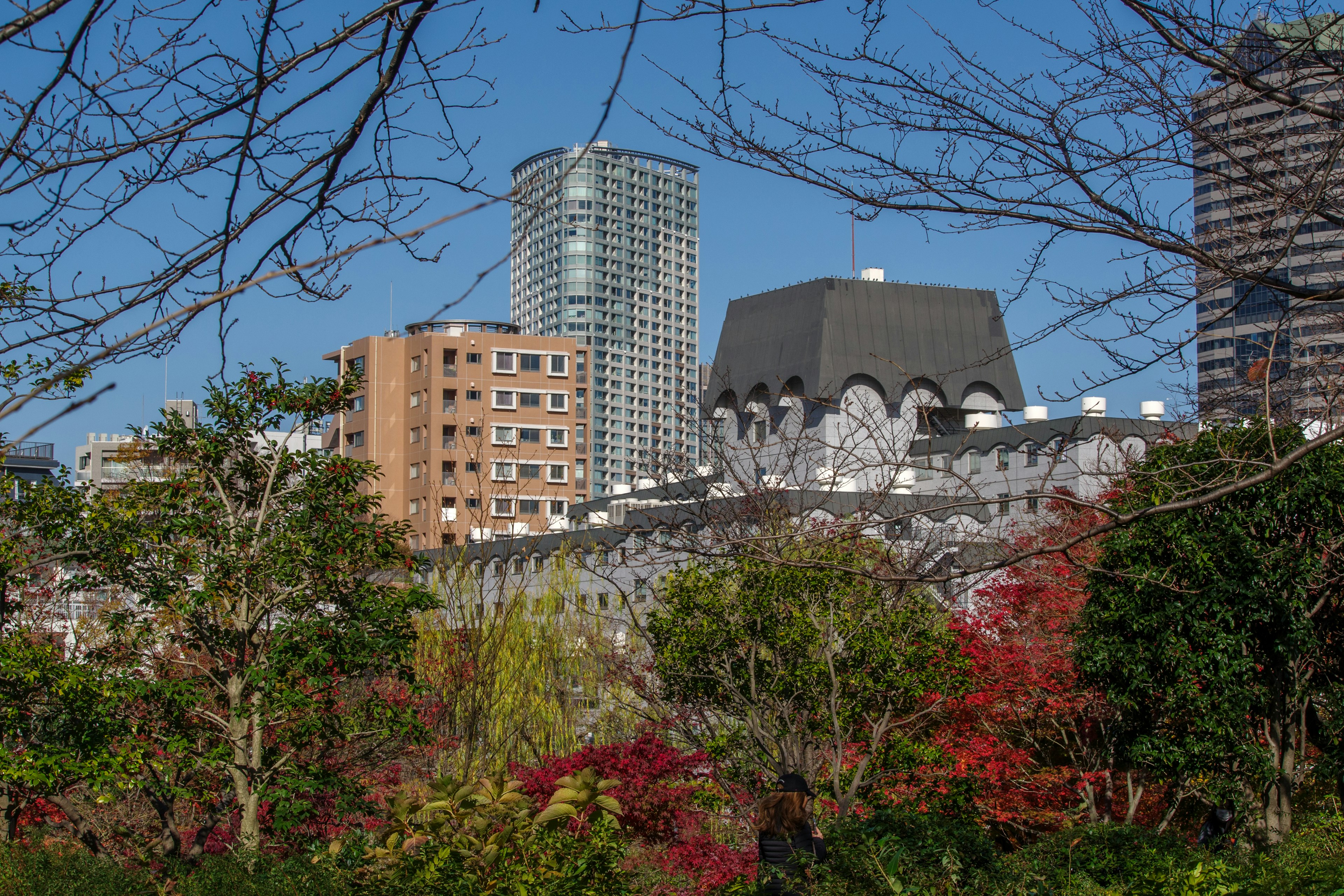 A scenic view featuring modern and historical buildings under a clear blue sky