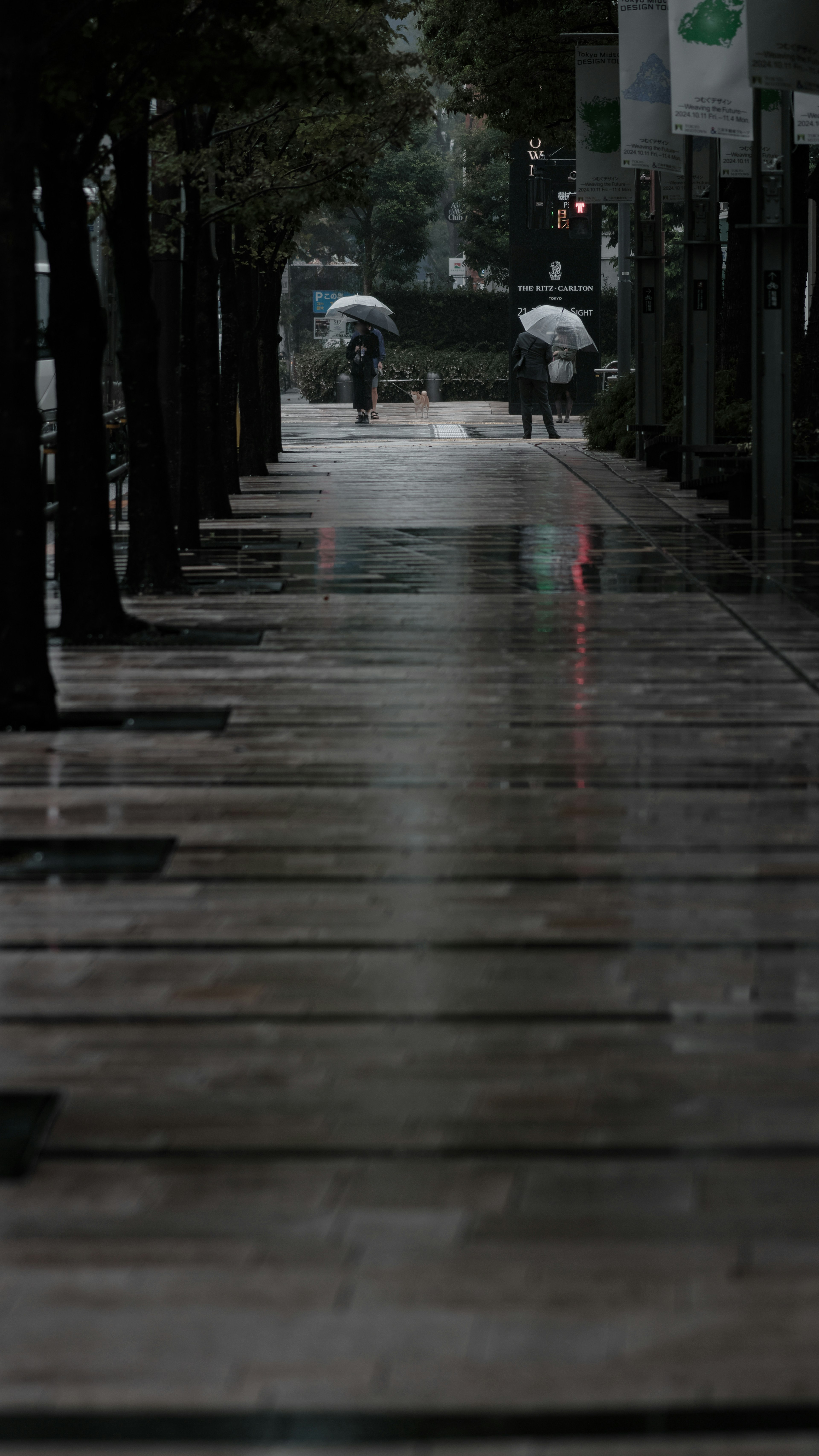 雨の中の道を歩く人々と反射する水たまり