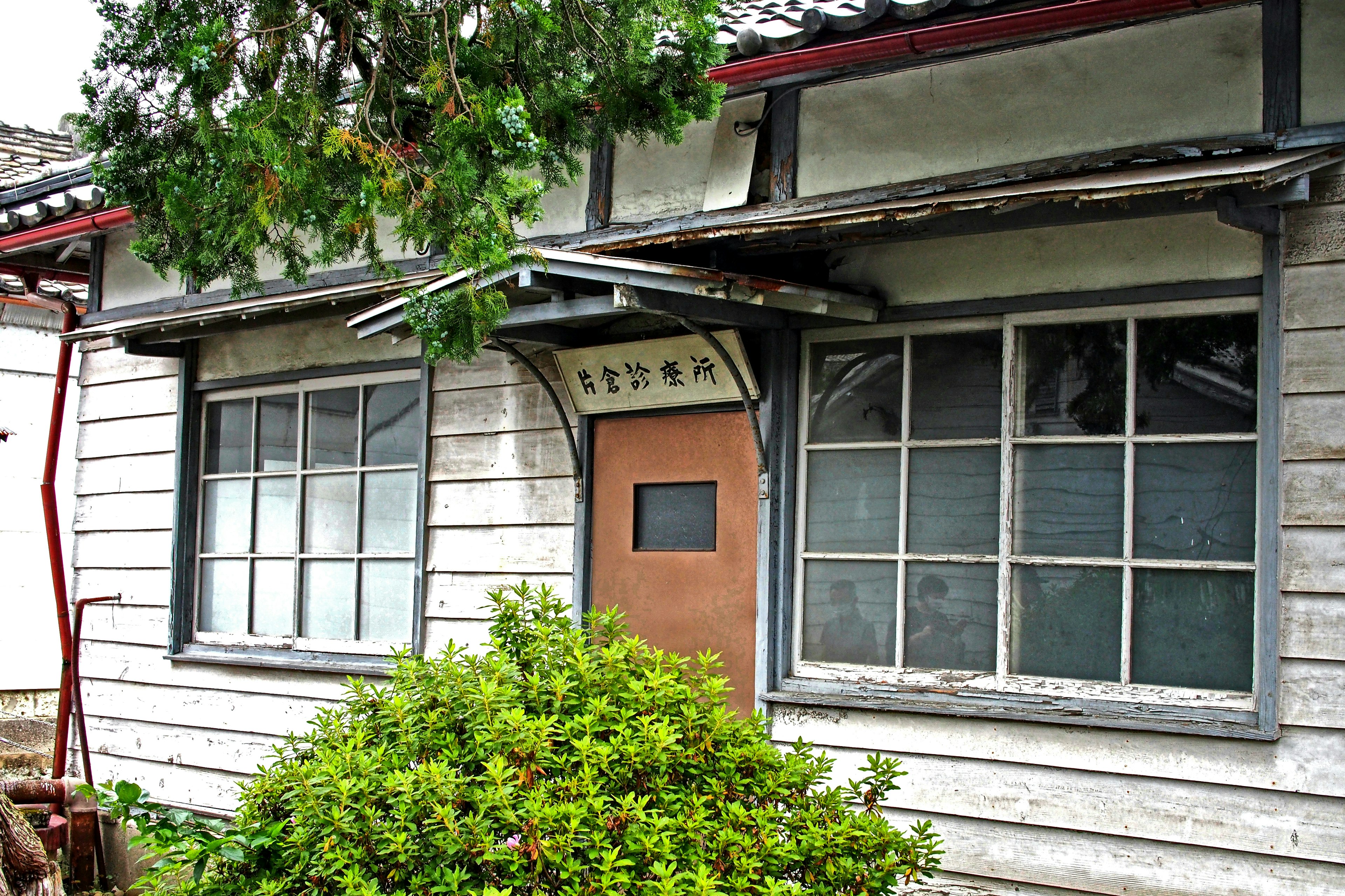 Exterior de una casa de madera antigua con múltiples ventanas y vegetación en el techo