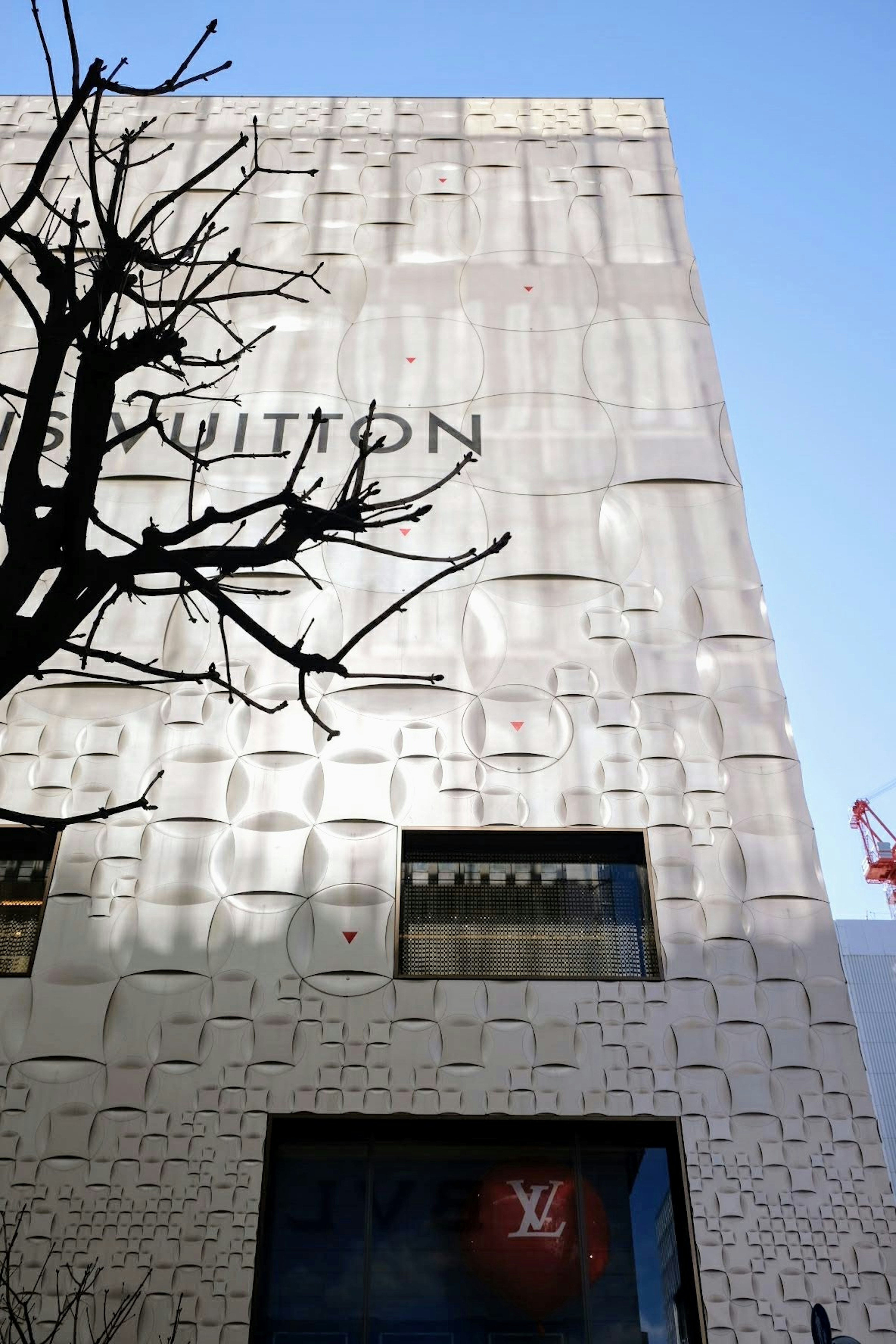 Vue extérieure d'un magasin Louis Vuitton avec un mur texturé et une silhouette d'arbre