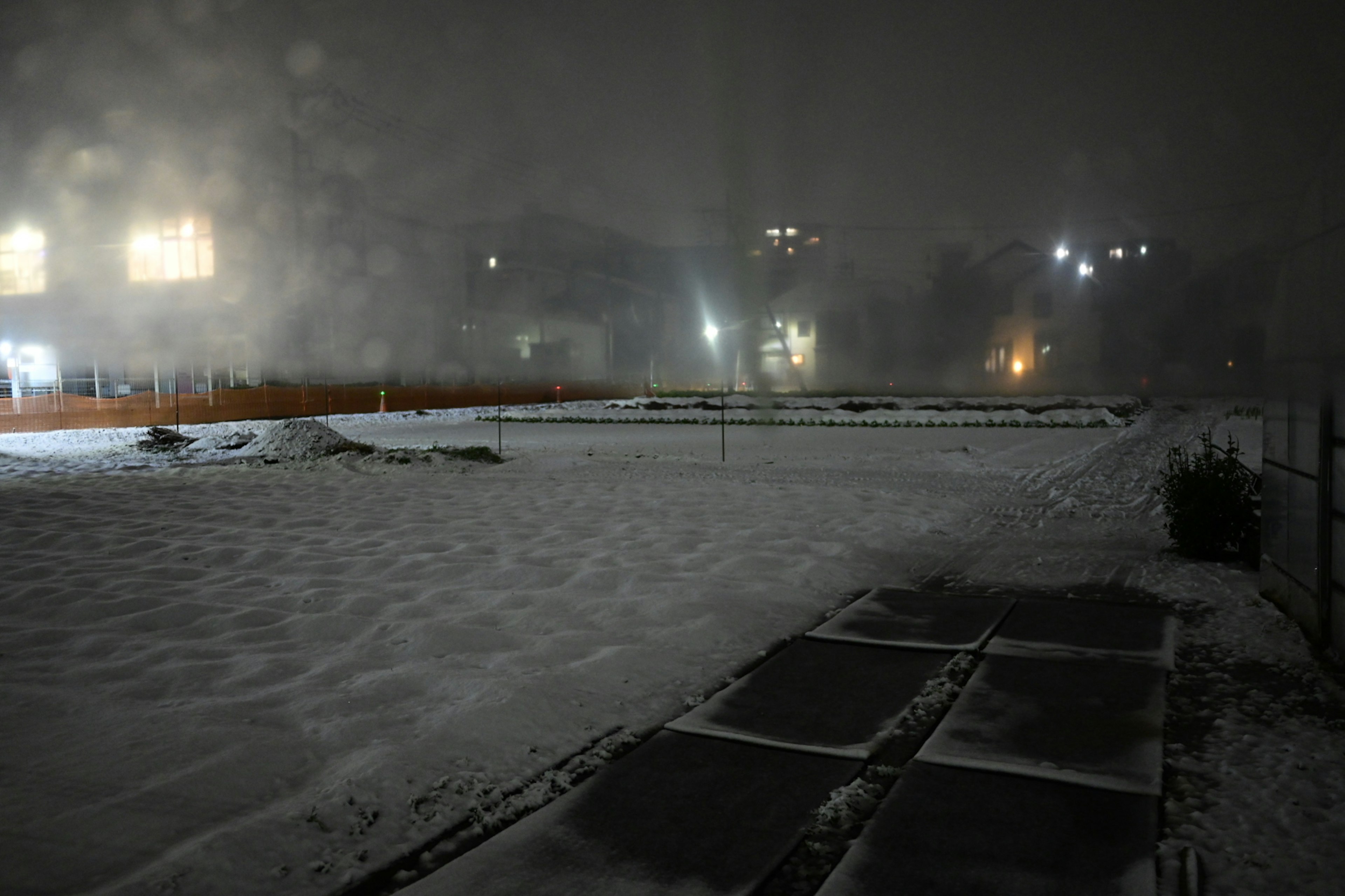 Night view of a snow-covered park with dim streetlights and buildings in the background