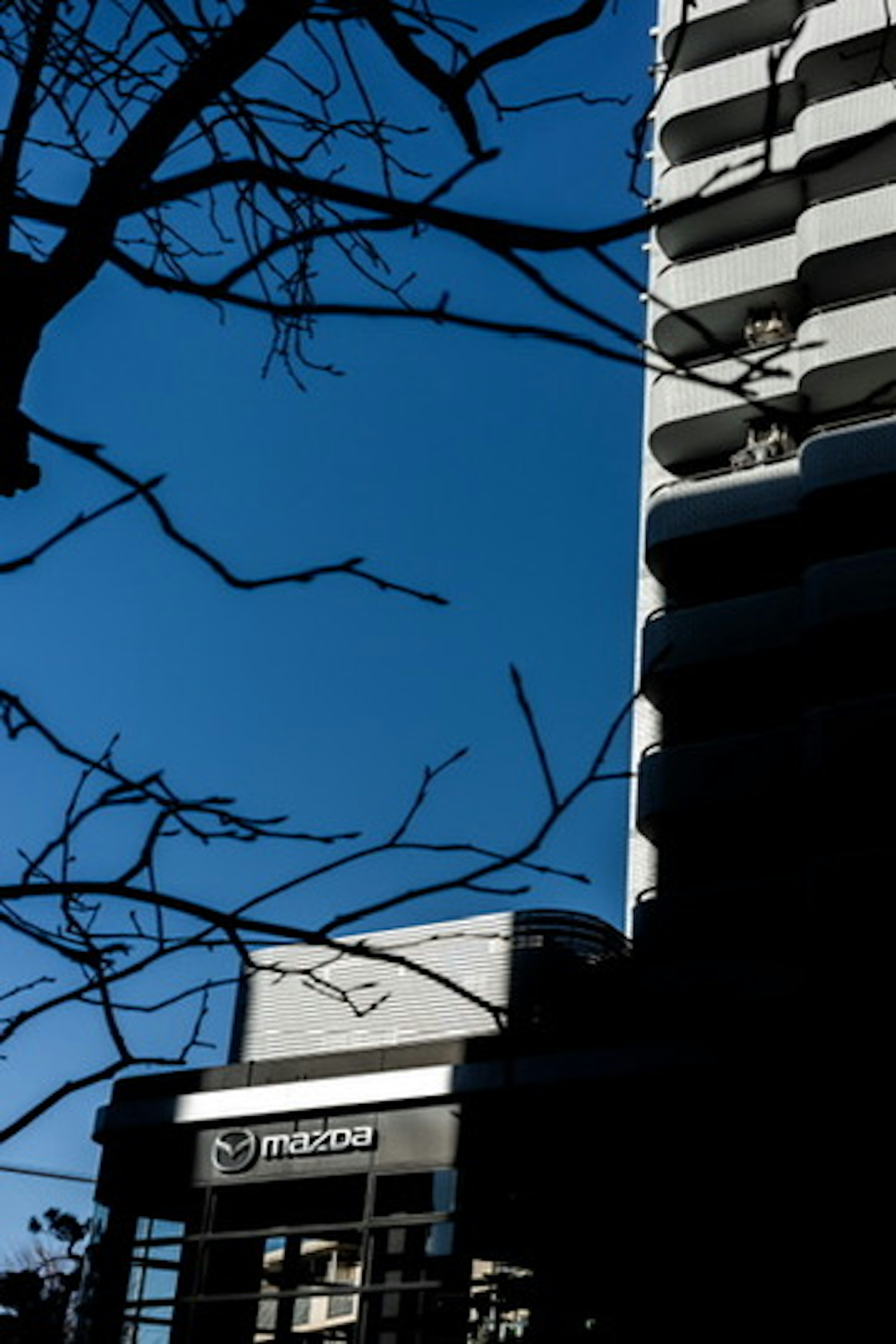 Cartel de Mazda y parte de un edificio alto bajo un cielo azul