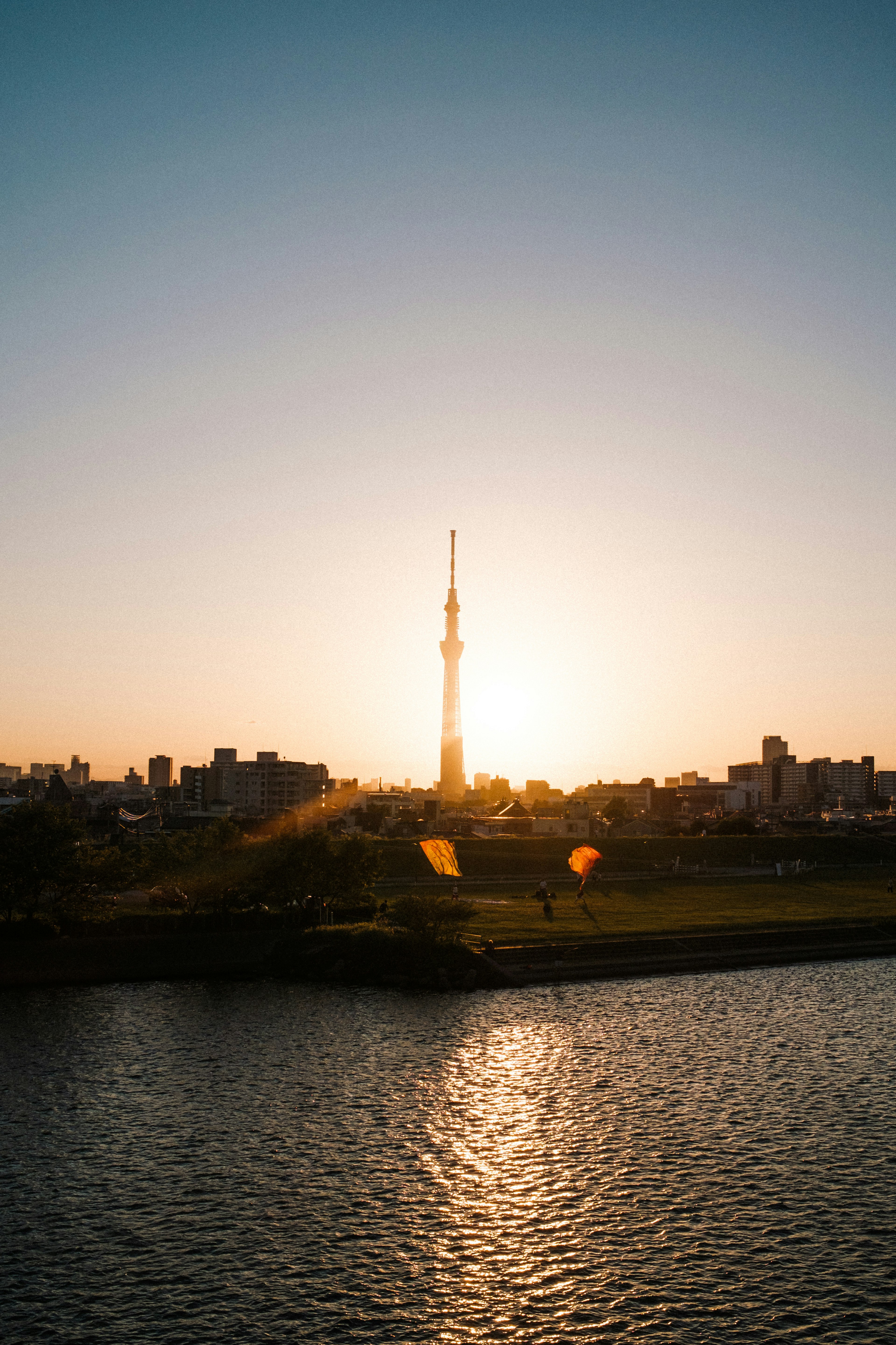 東京スカイツリーが夕日を背景にそびえ立つ風景