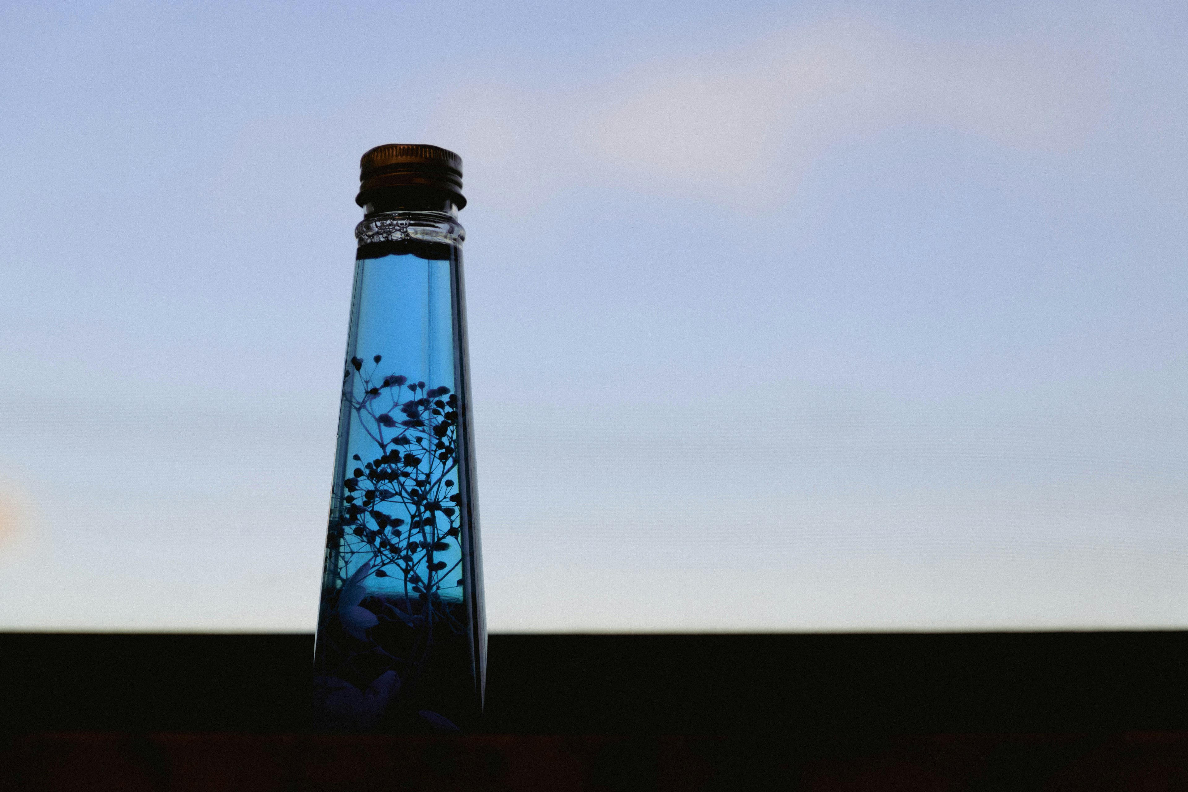 Siluet botol berisi cairan biru dengan latar langit