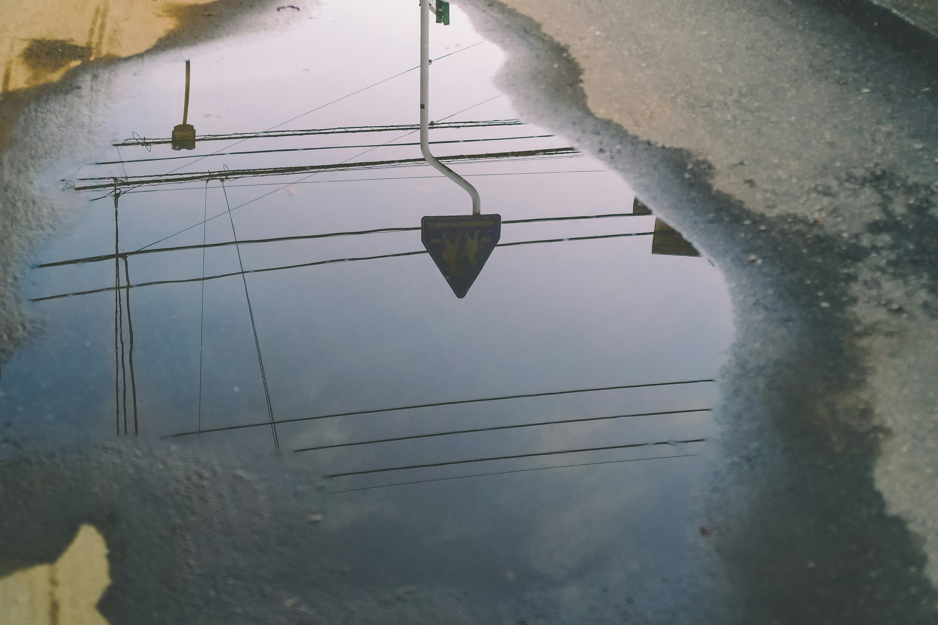 Reflet d'un feu de circulation et de lignes électriques dans une flaque d'eau