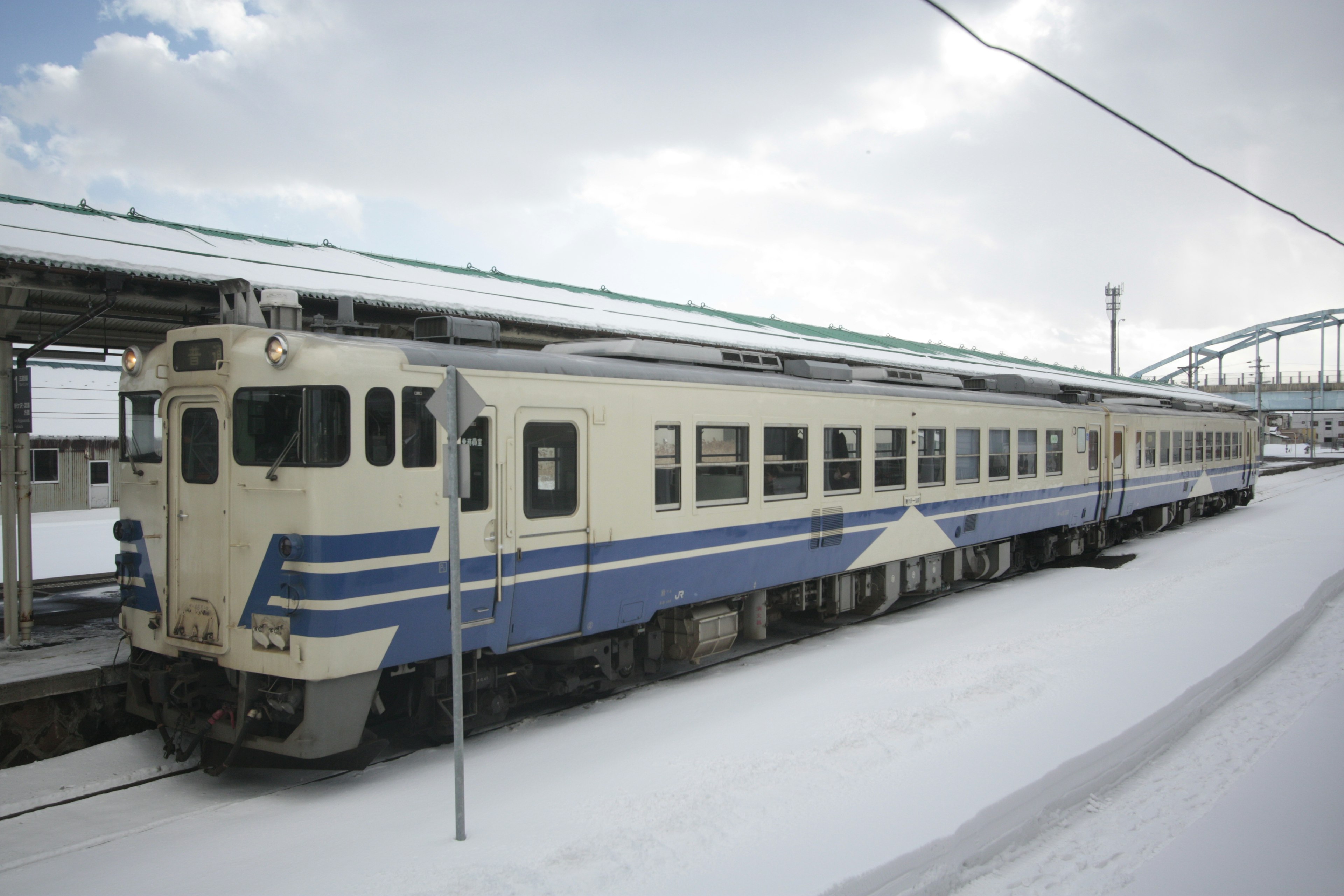 Treno blu e bianco fermo in una stazione innevata