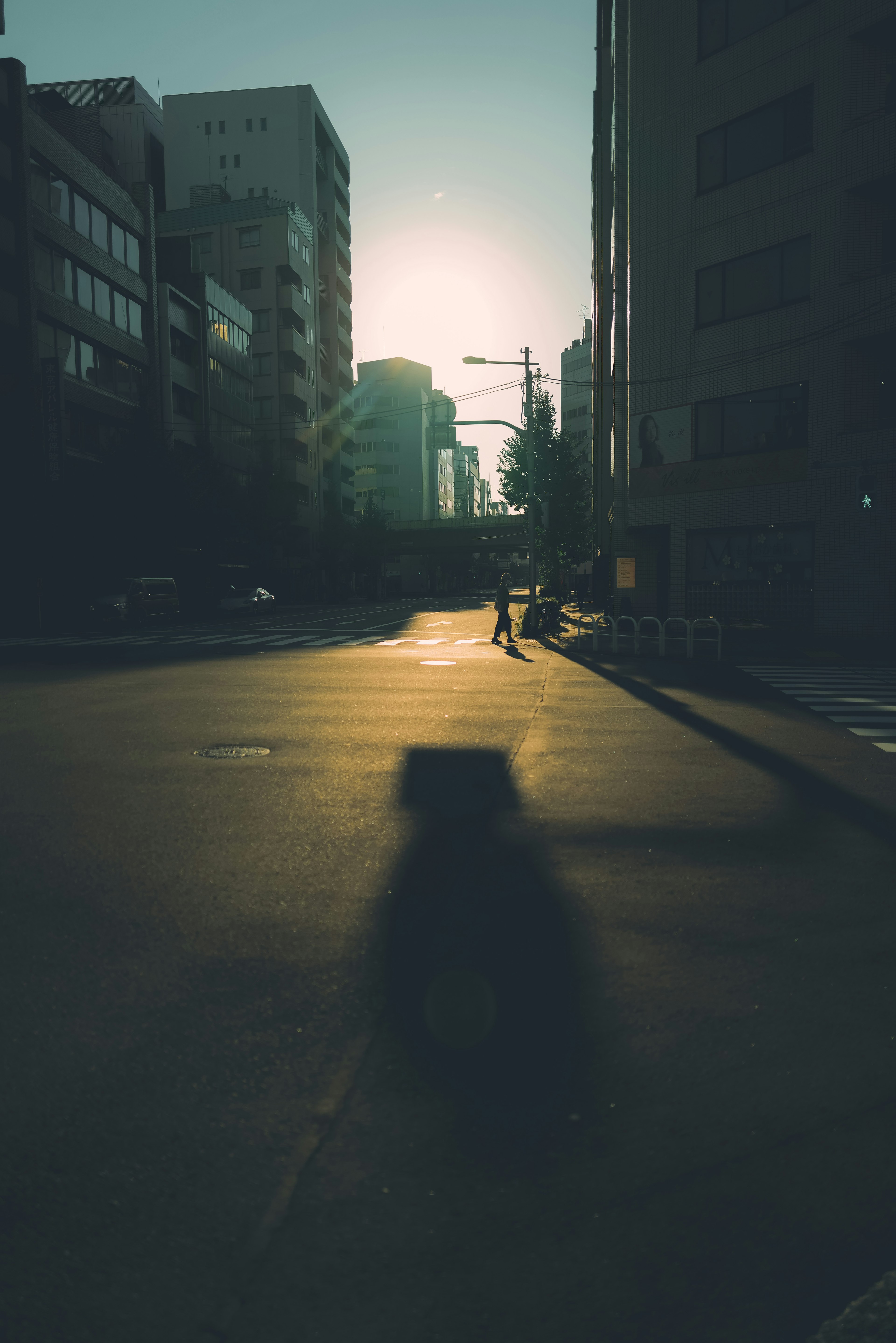 Scène de rue urbaine avec des ombres projetées par des bâtiments au coucher du soleil