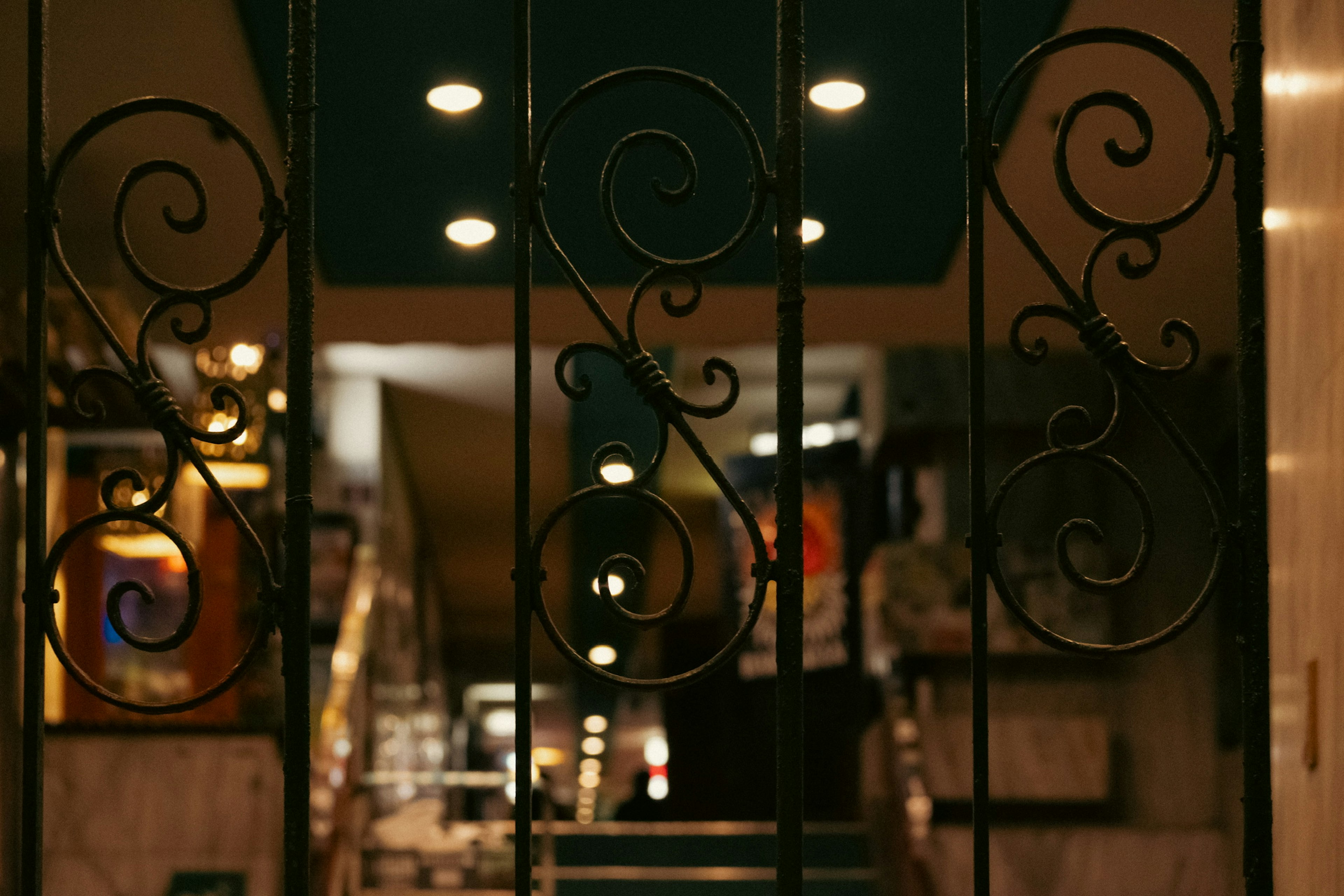 Decorative design of a black iron gate with bright lighting in the background