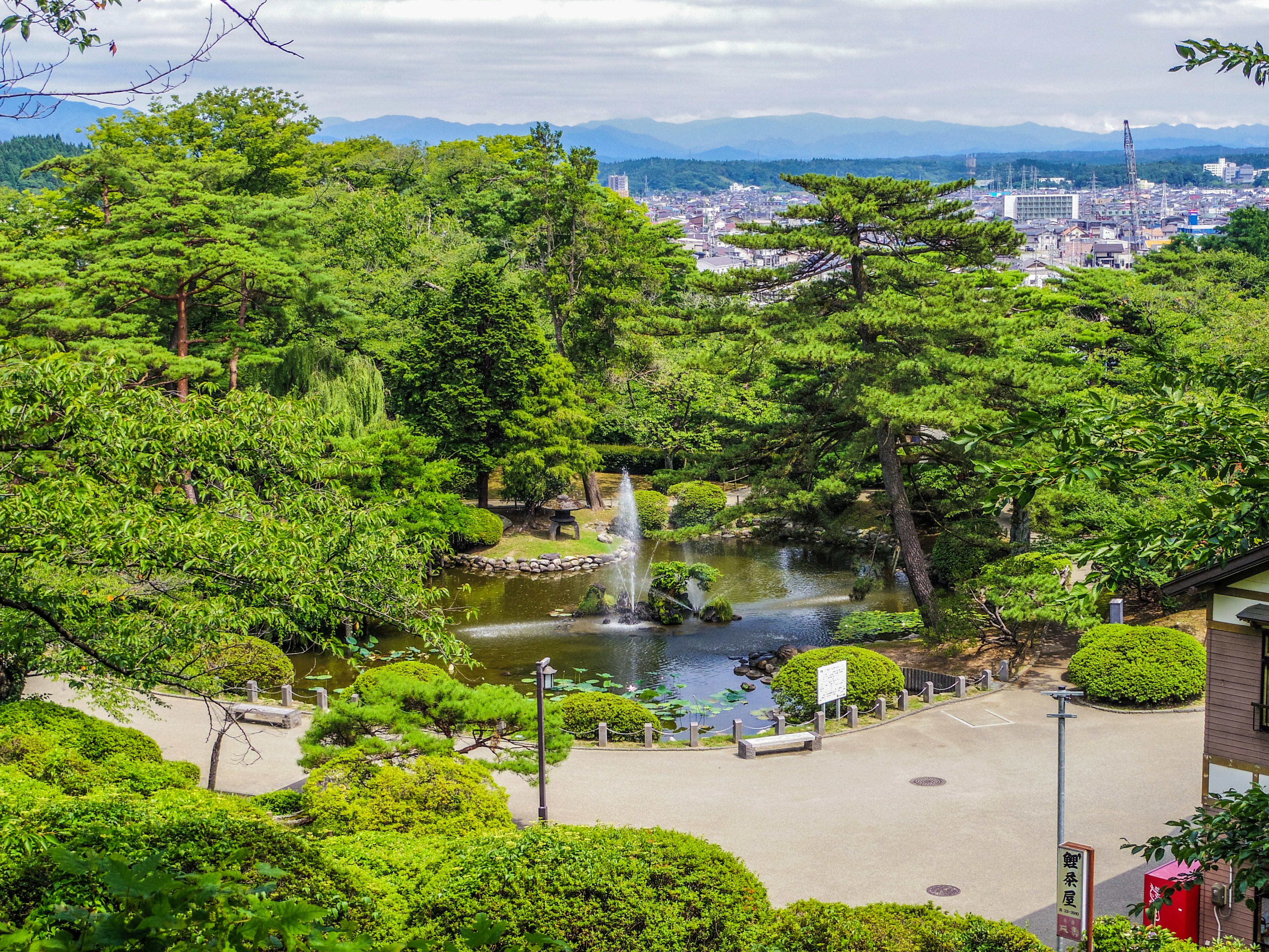 静かな庭園の風景 緑の木々と池に噴水がある