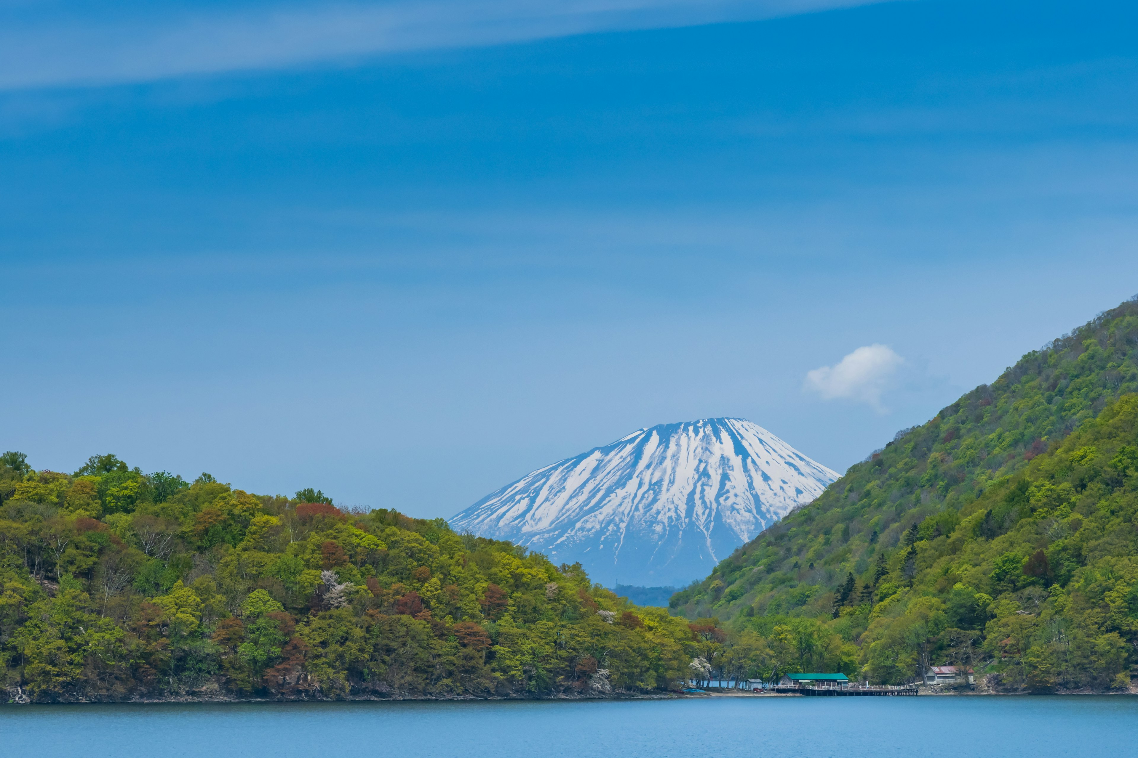 Vue pittoresque d'un lac entouré de collines verdoyantes et d'une montagne enneigée en arrière-plan