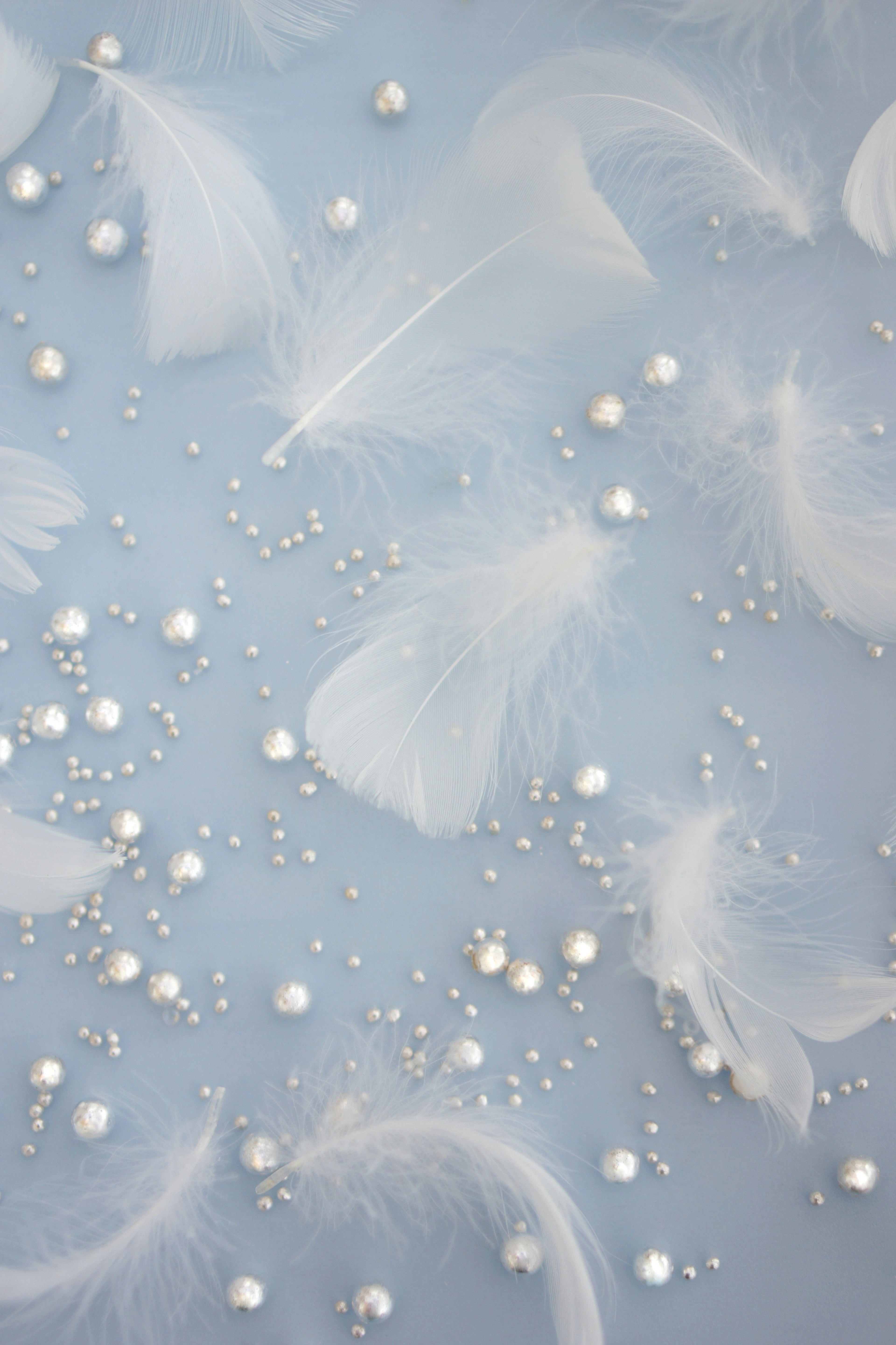 Plumas blancas y perlas esparcidas sobre un fondo azul