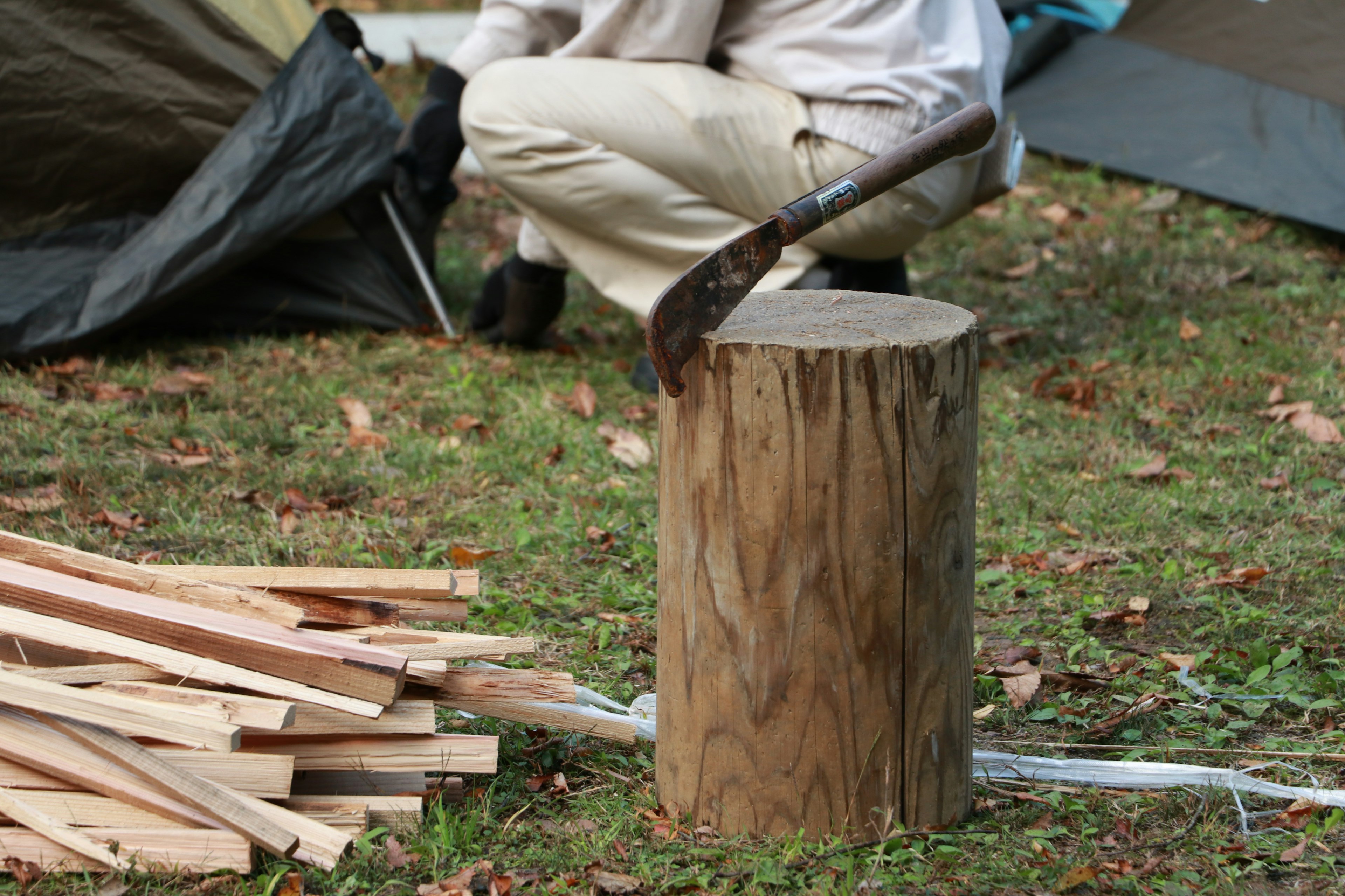 Eine gebogene Klinge, die auf einem Holzstamm ruht, mit gestapeltem Holz in der Nähe