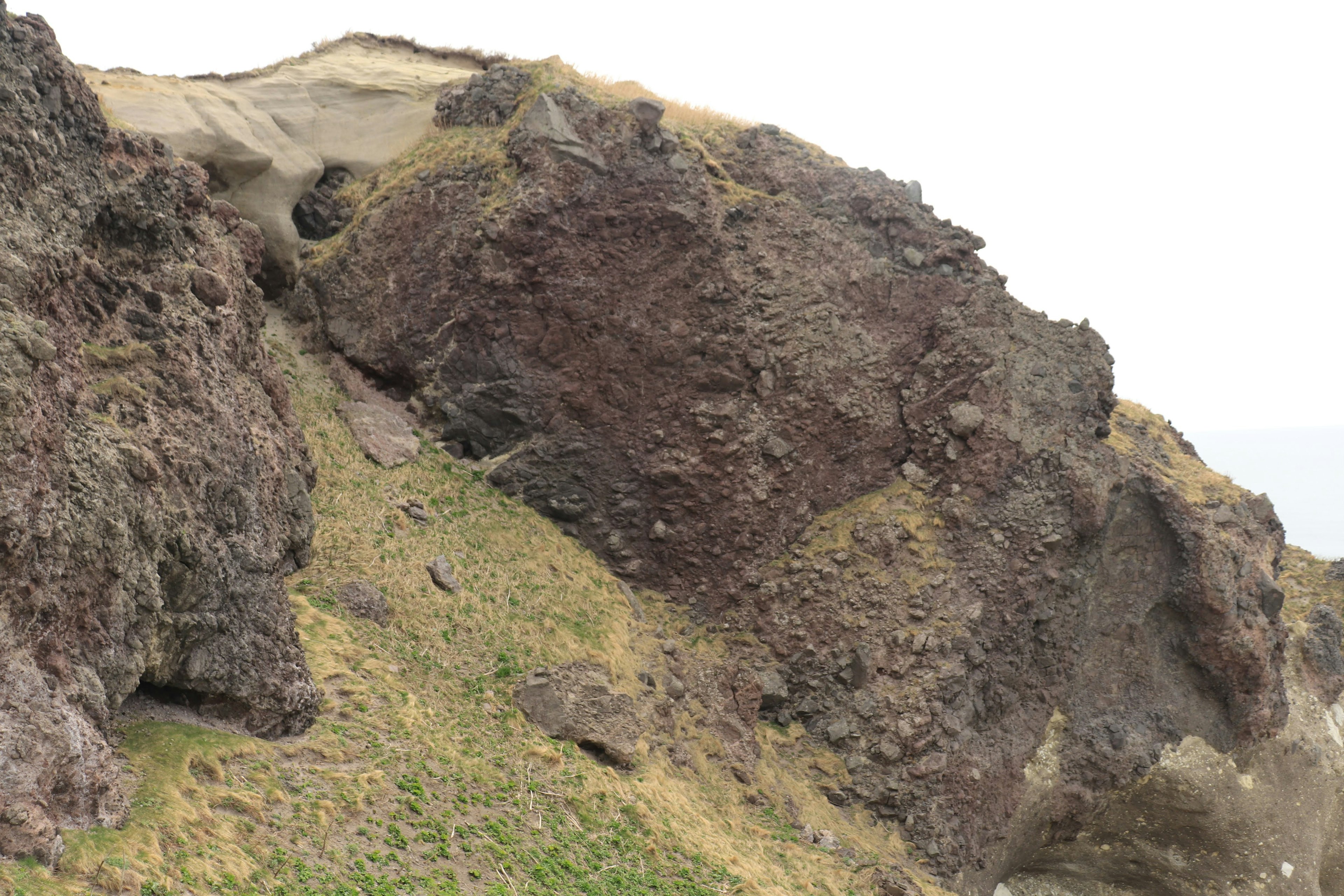 Paesaggio con rocce scure e erba verde