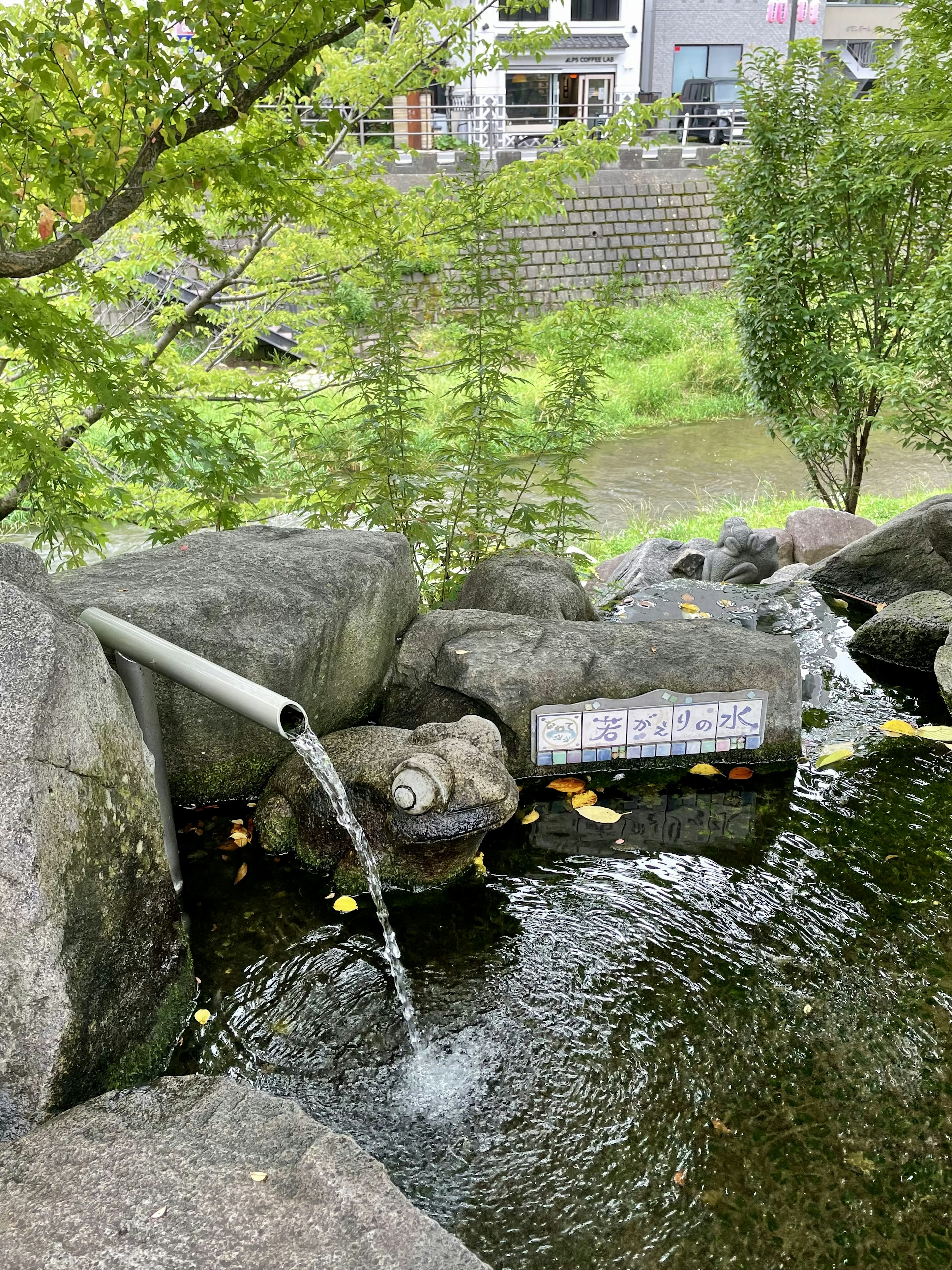 Water flowing from a pipe among stones in a natural setting