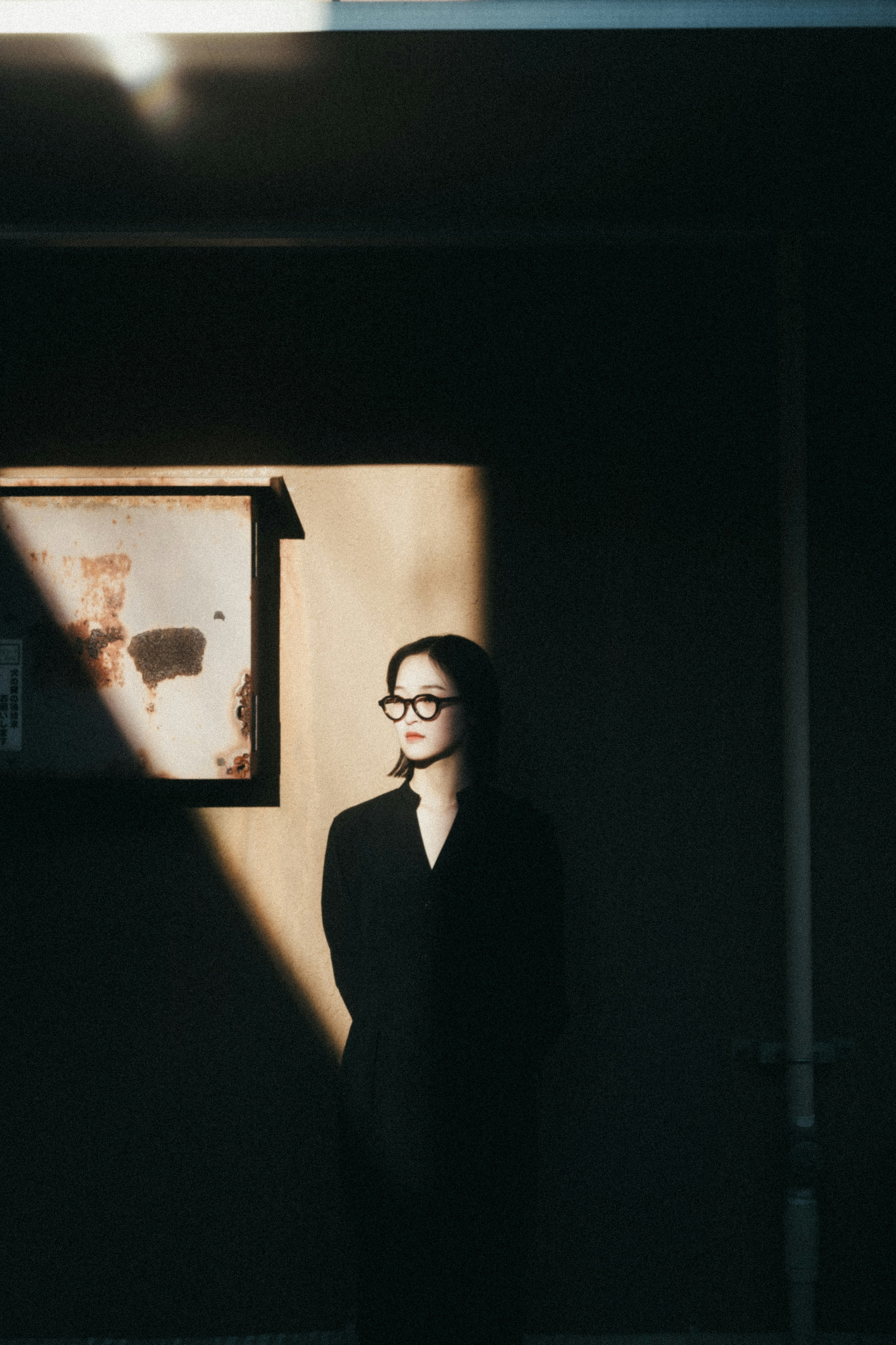 Portrait of a woman standing in shadows with a framed artwork on the wall