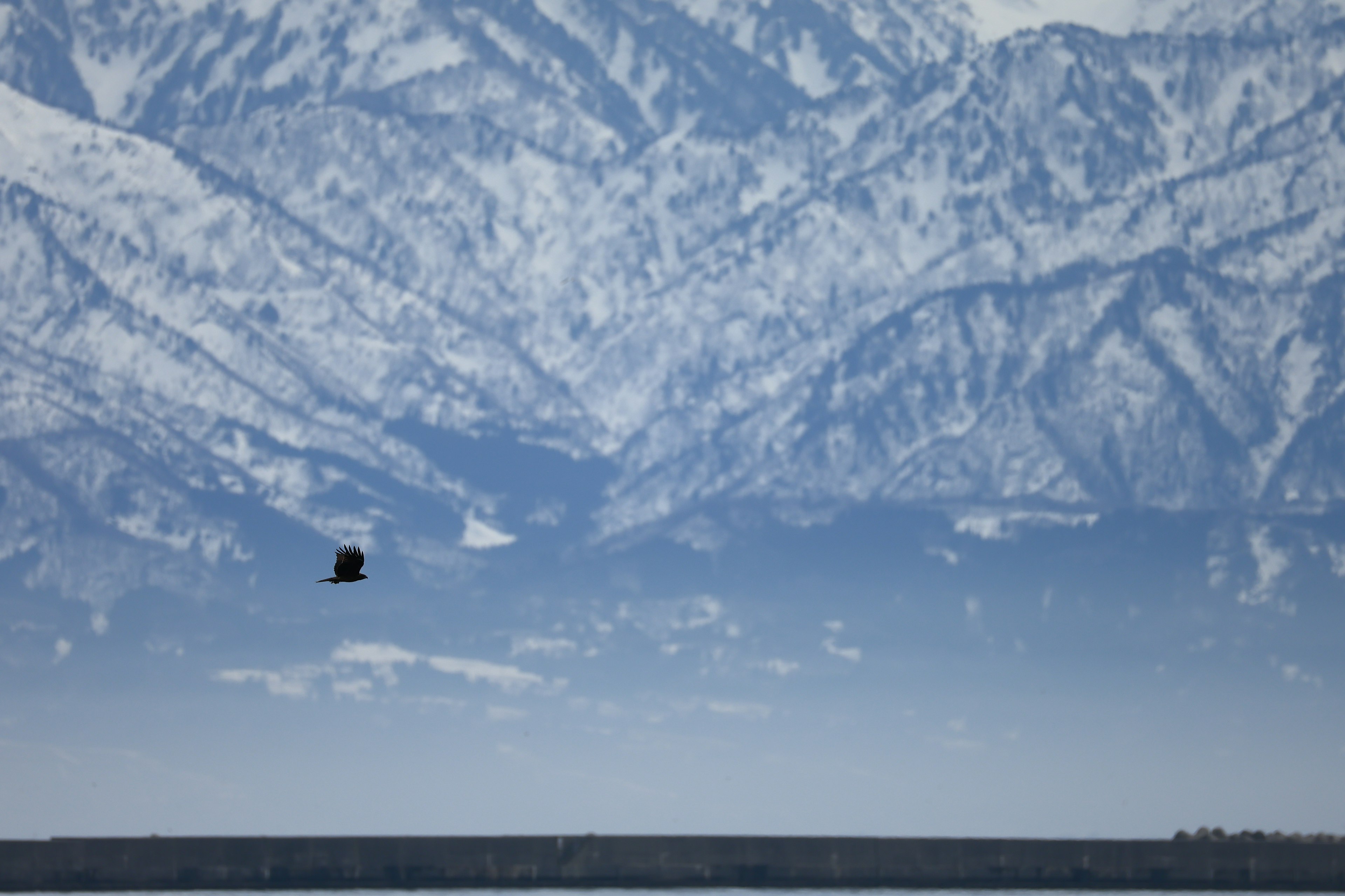 Un piccolo oggetto galleggia in un paesaggio con montagne innevate e cielo blu