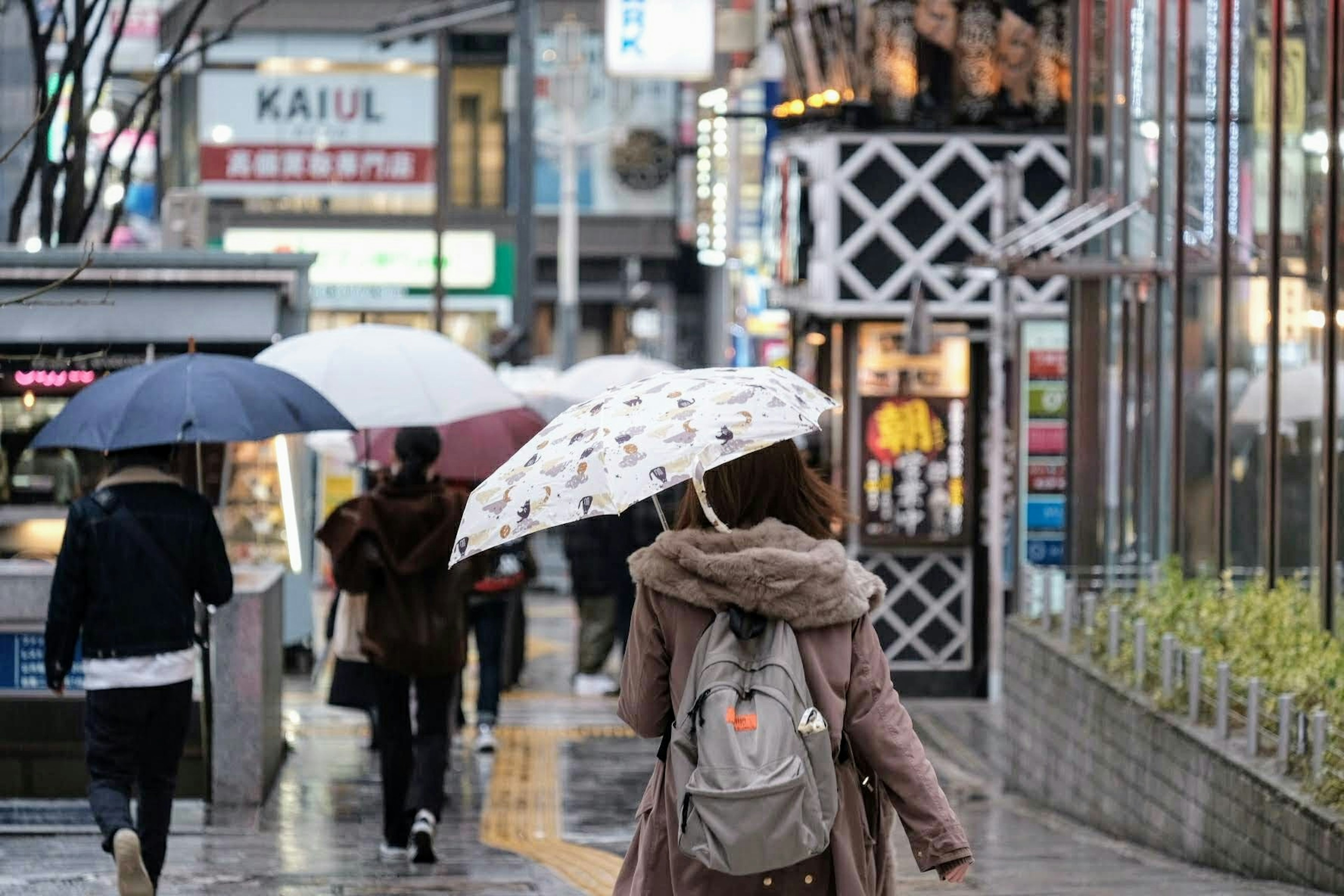 雨の中で傘をさして歩く人々の街並み