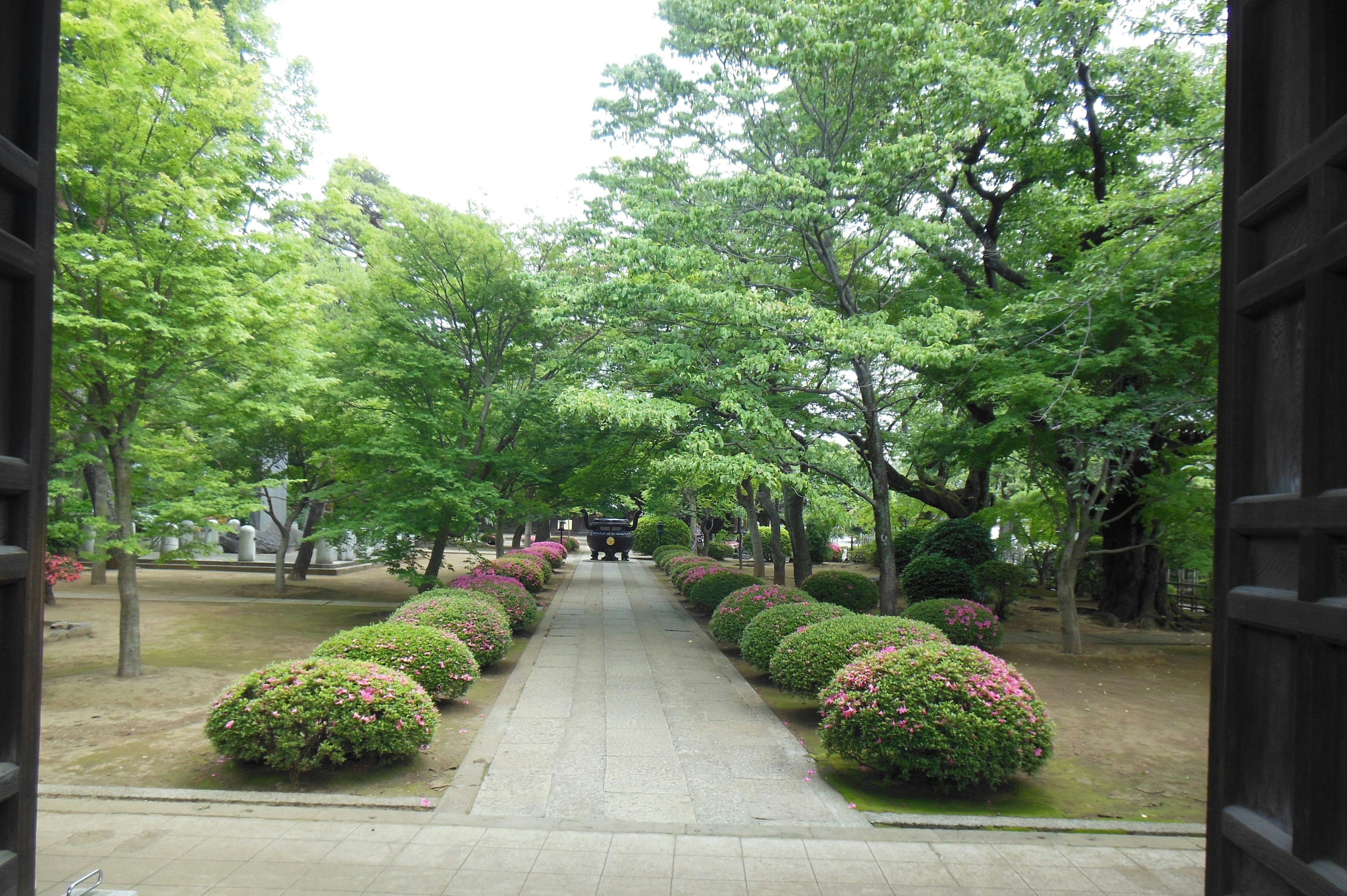 View of a lush garden pathway with flower beds and abundant greenery