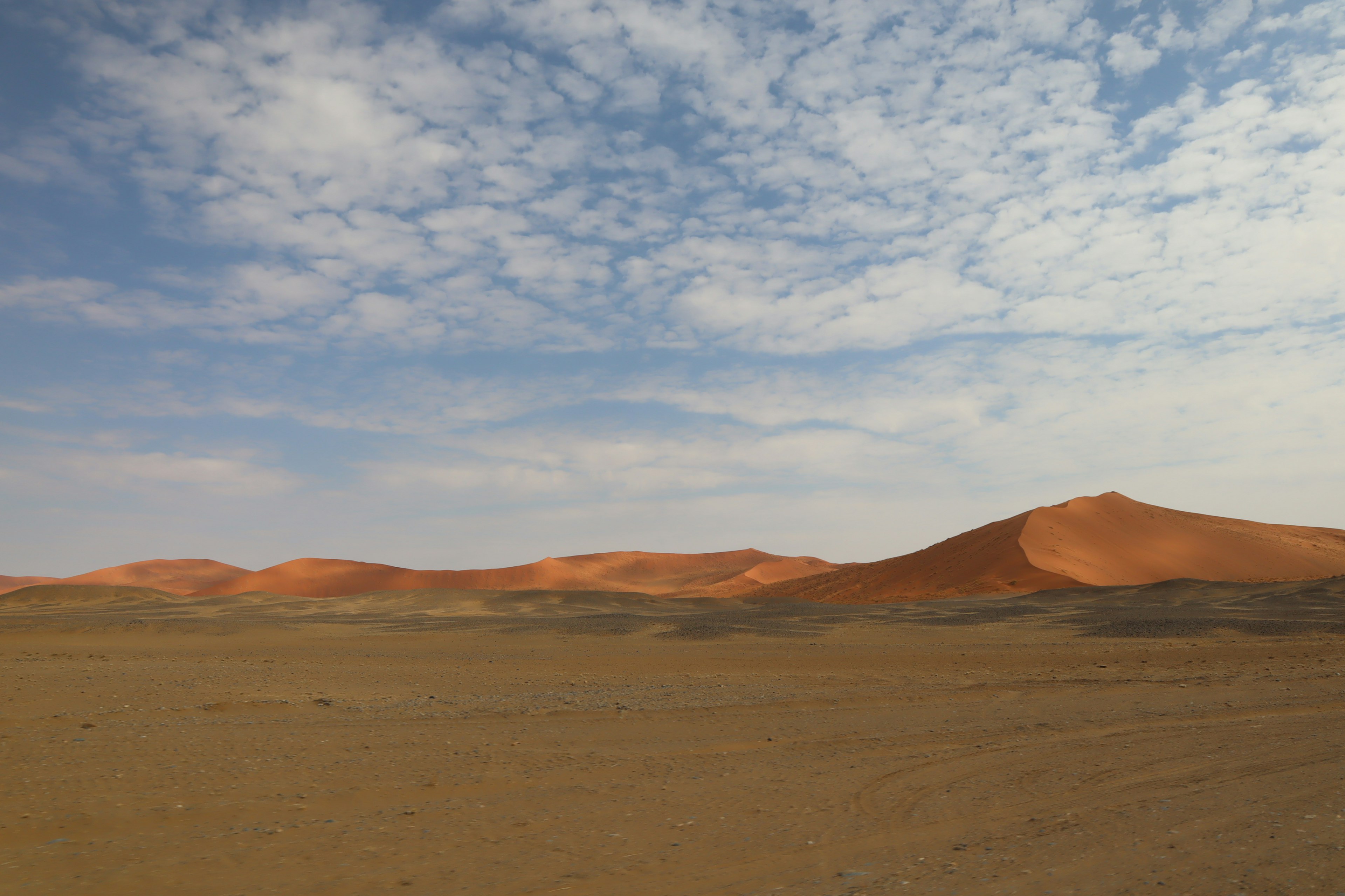 Weite Wüstenlandschaft mit roten Sanddünen und blauem Himmel