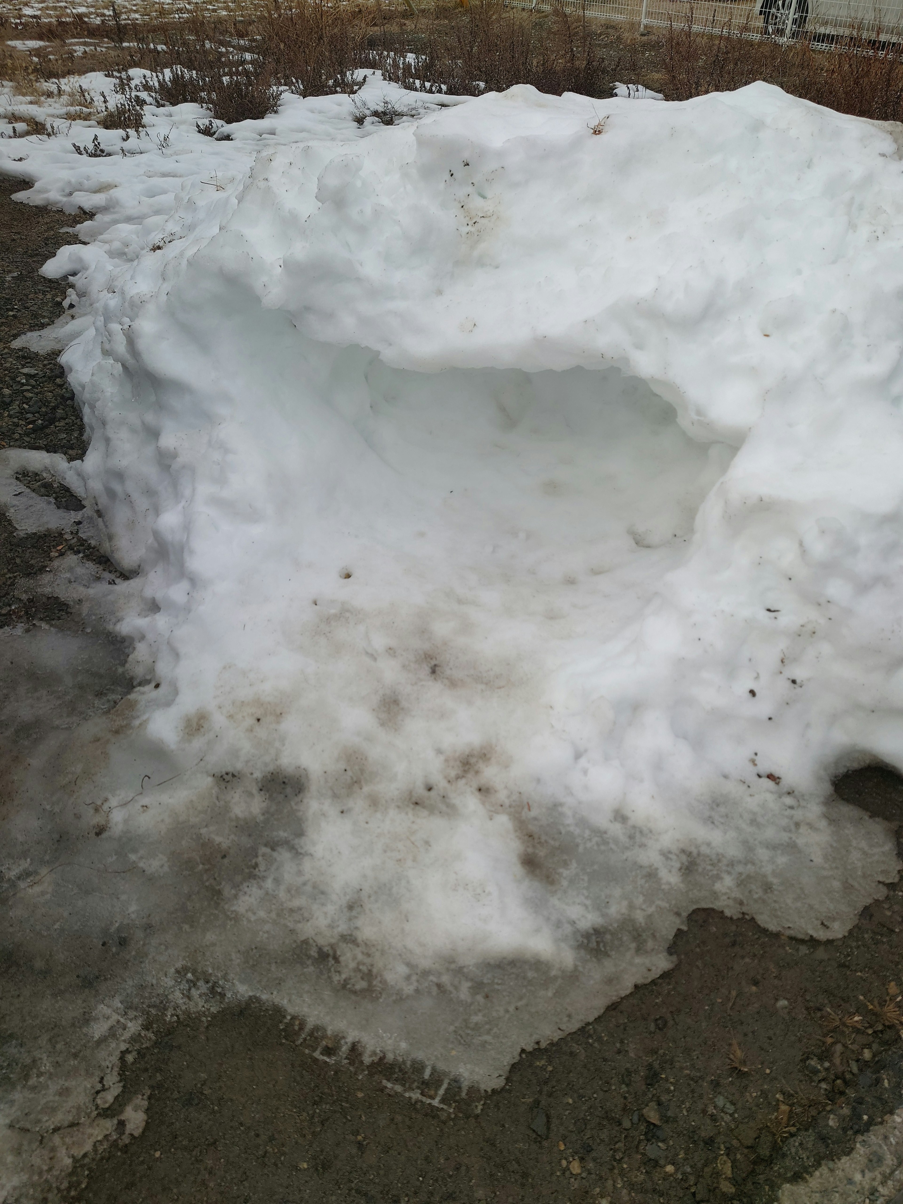 雪の塊とその周りの雪解けの水が見える