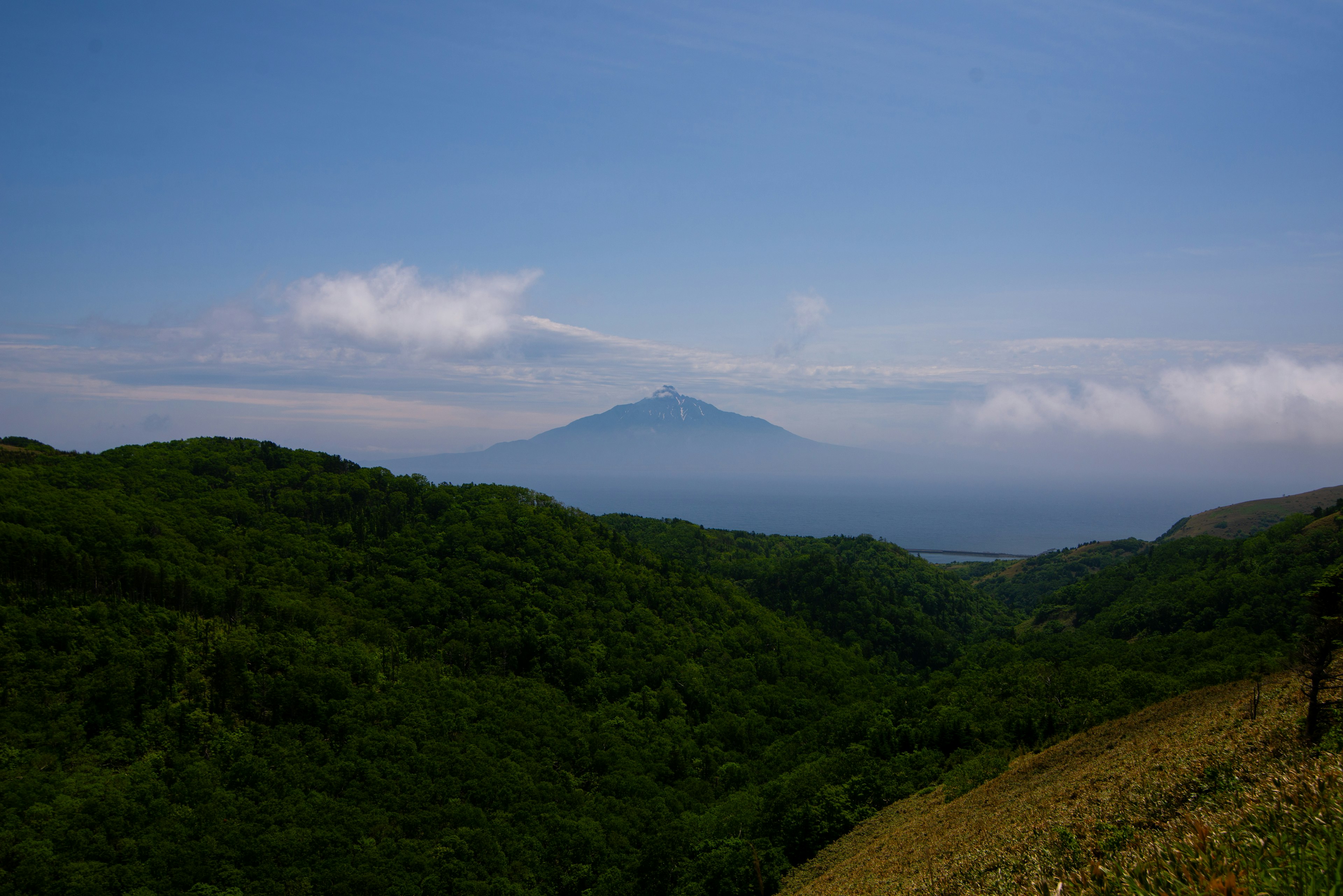 Colline verdeggiante sotto un cielo blu chiaro con una montagna distante visibile