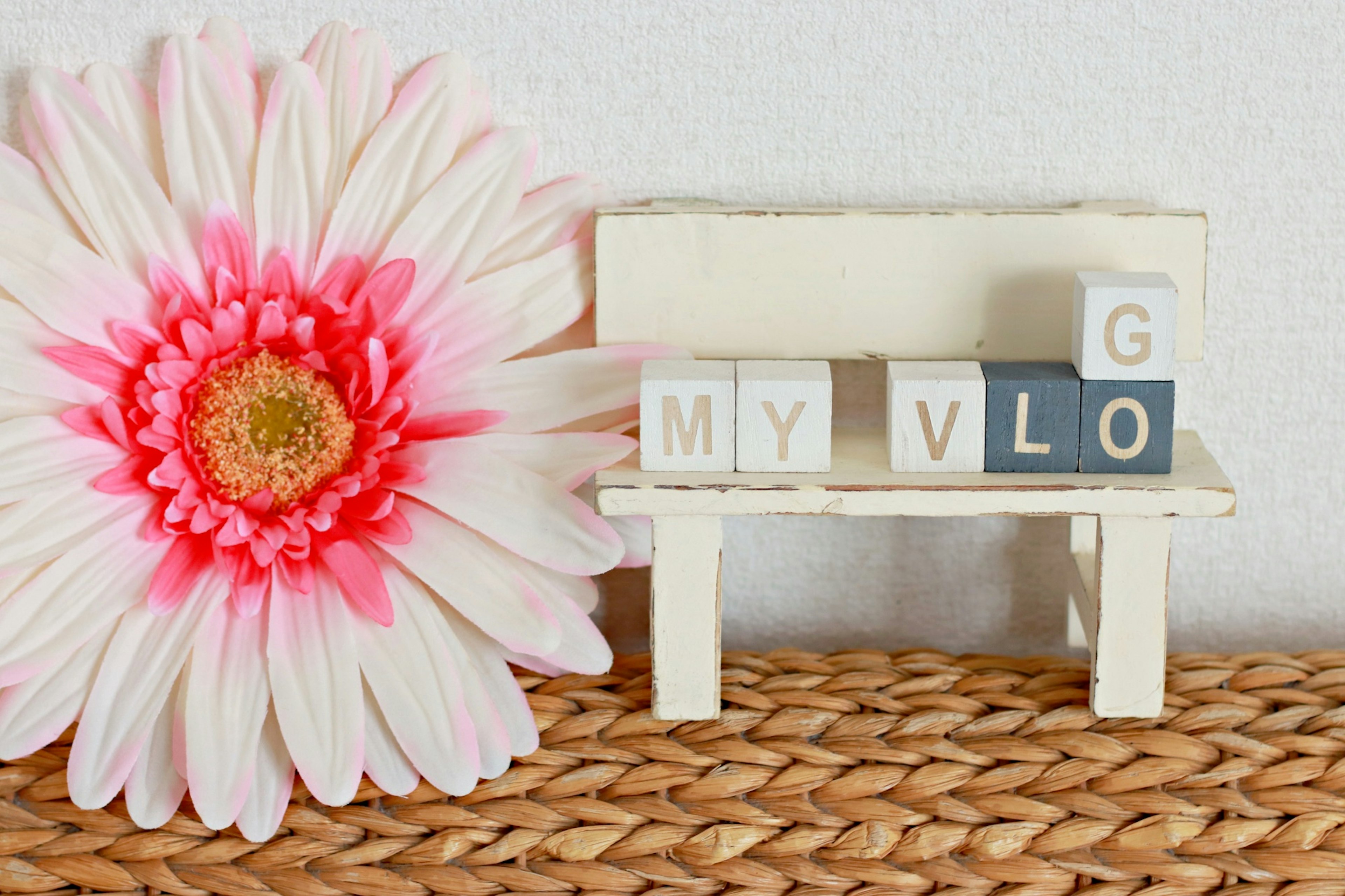 Petit banc avec des blocs de lettres épelant MY VLOG à côté d'une fleur rose