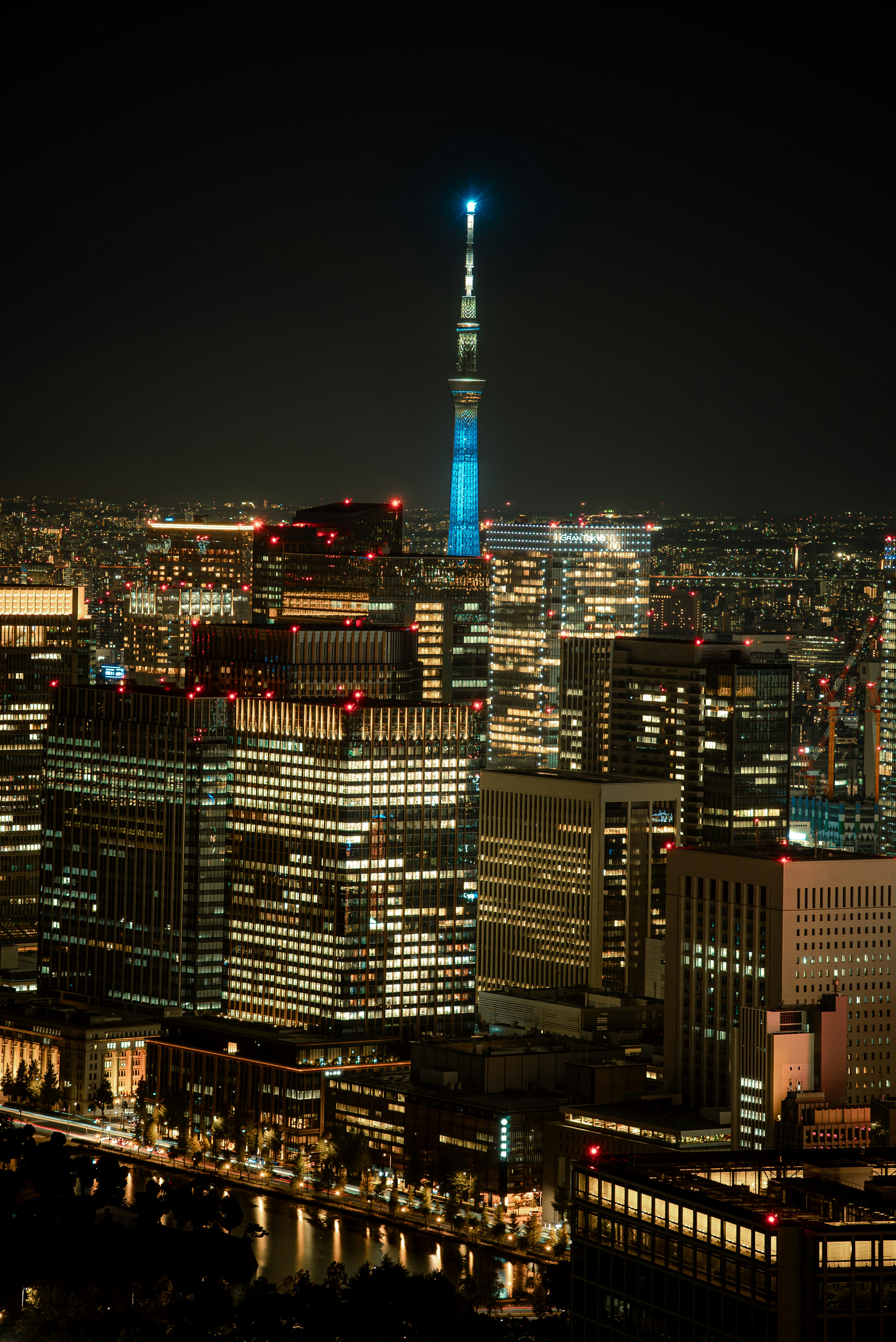 東京スカイツリーが青いライトで照らされた夜景