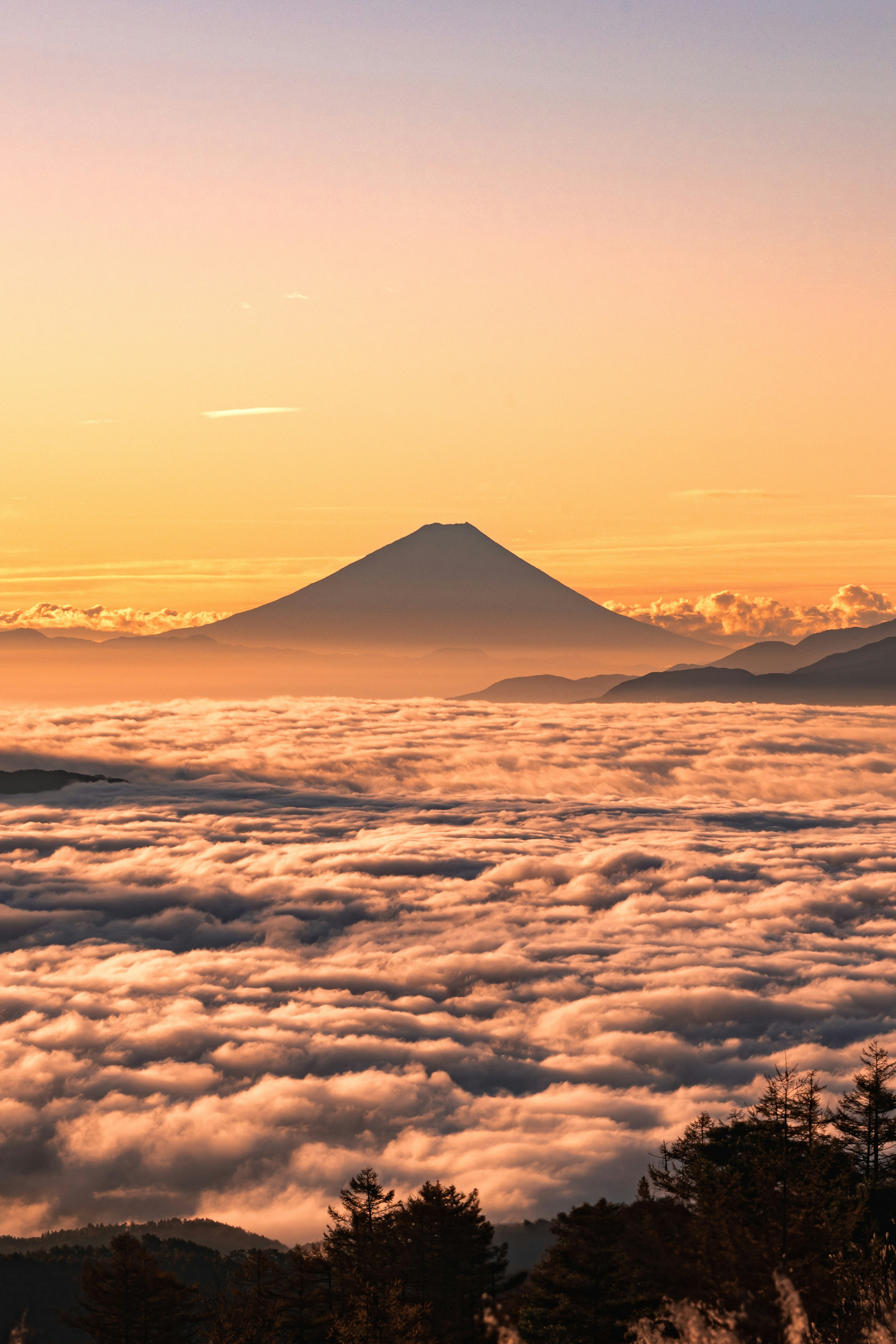 Der Fuji, der über einem Wolkenmeer bei einem schönen Sonnenaufgang aufsteigt