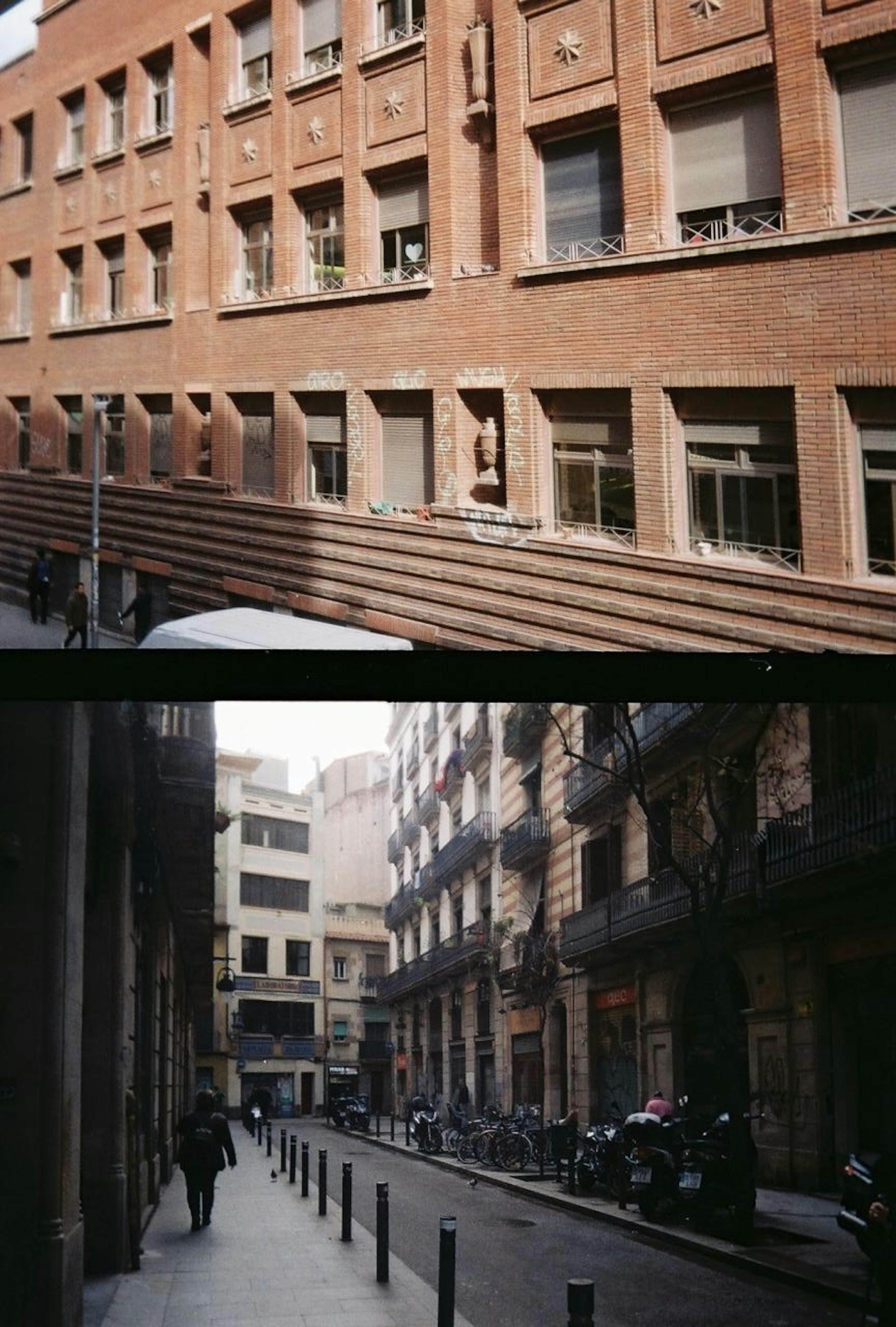 Una vista de un edificio de ladrillo y una calle estrecha