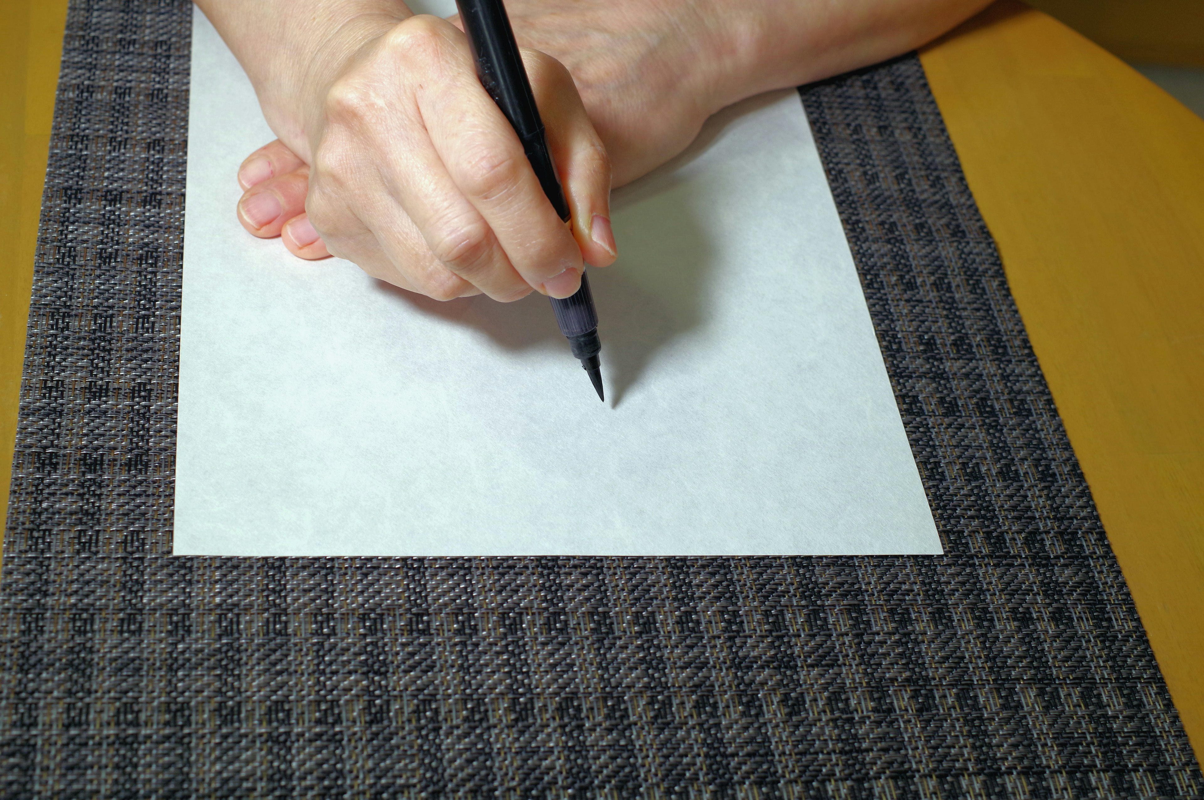 A person holding a pen writing on a blank sheet of white paper