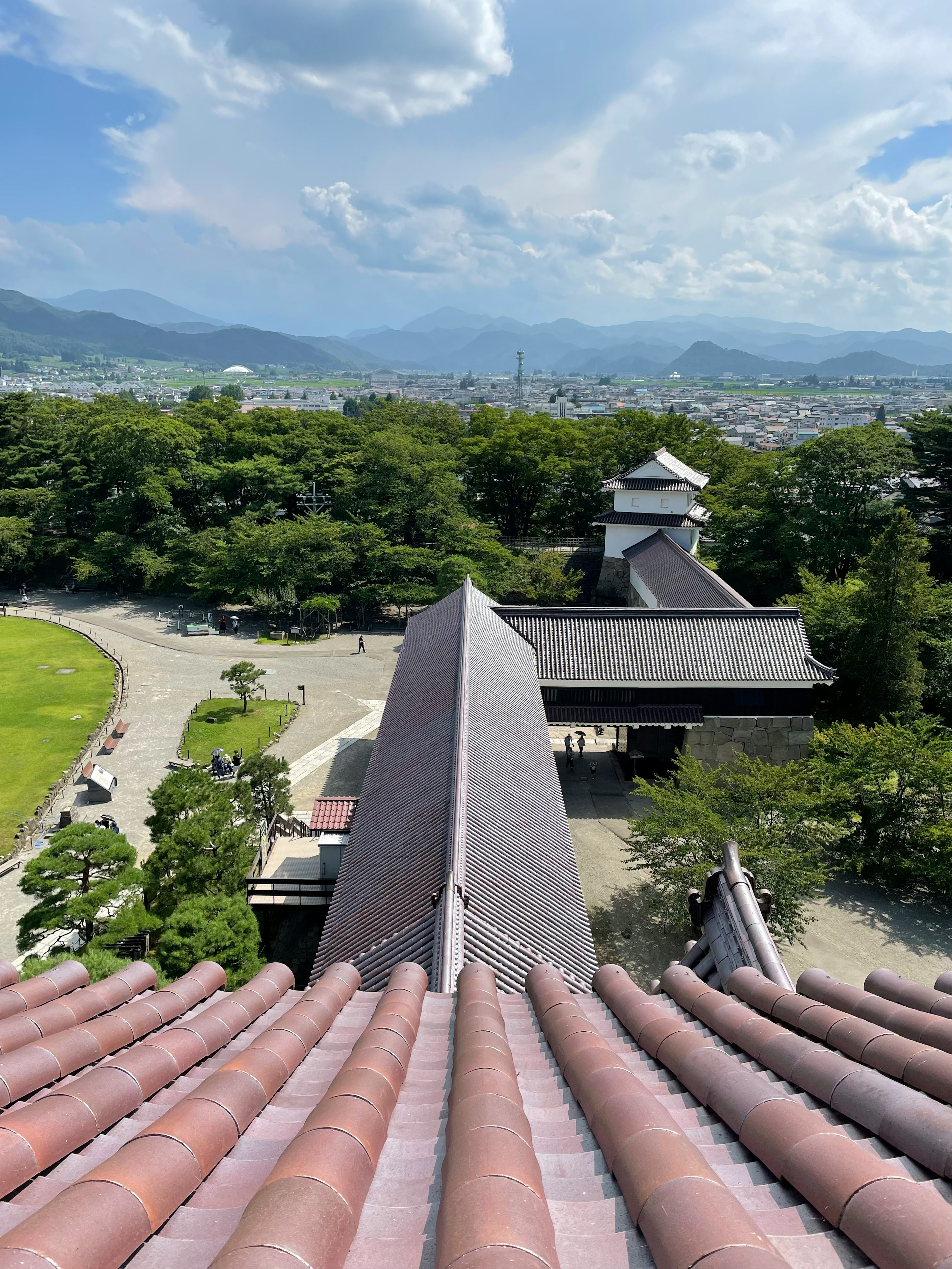 從城堡屋頂的景色展示美麗的風景綠色公園和山脈