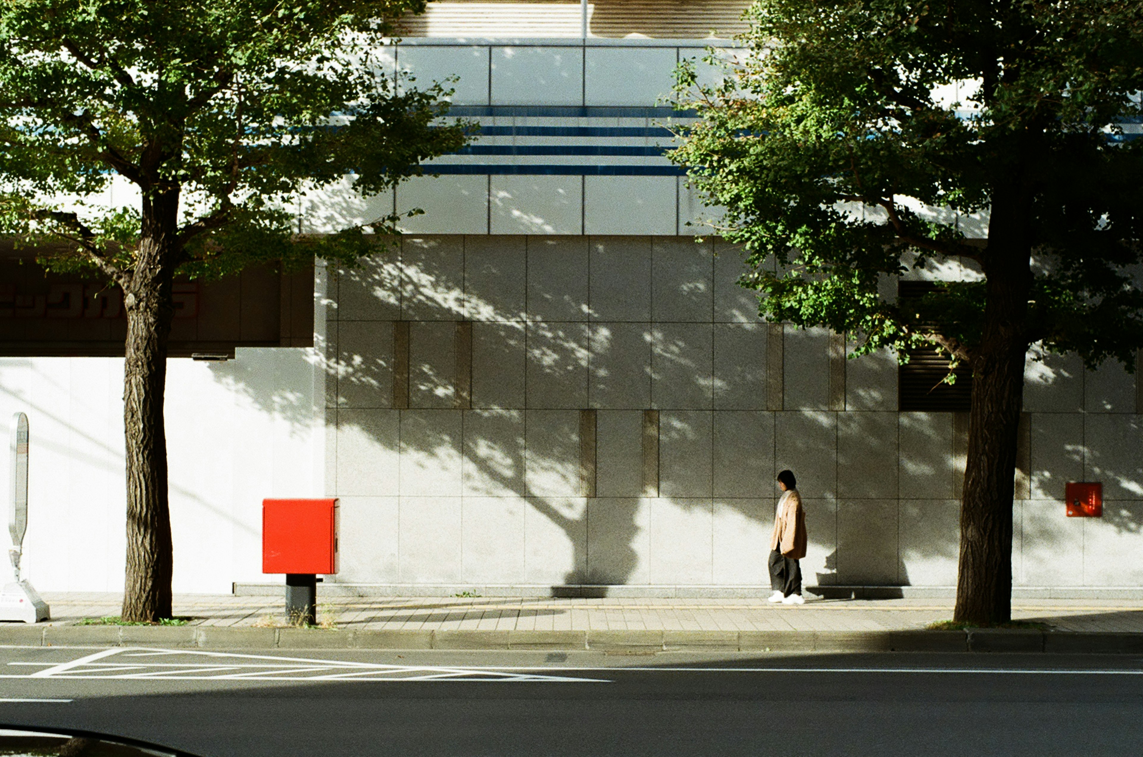 A person walking near a building with a red mailbox and trees casting shadows