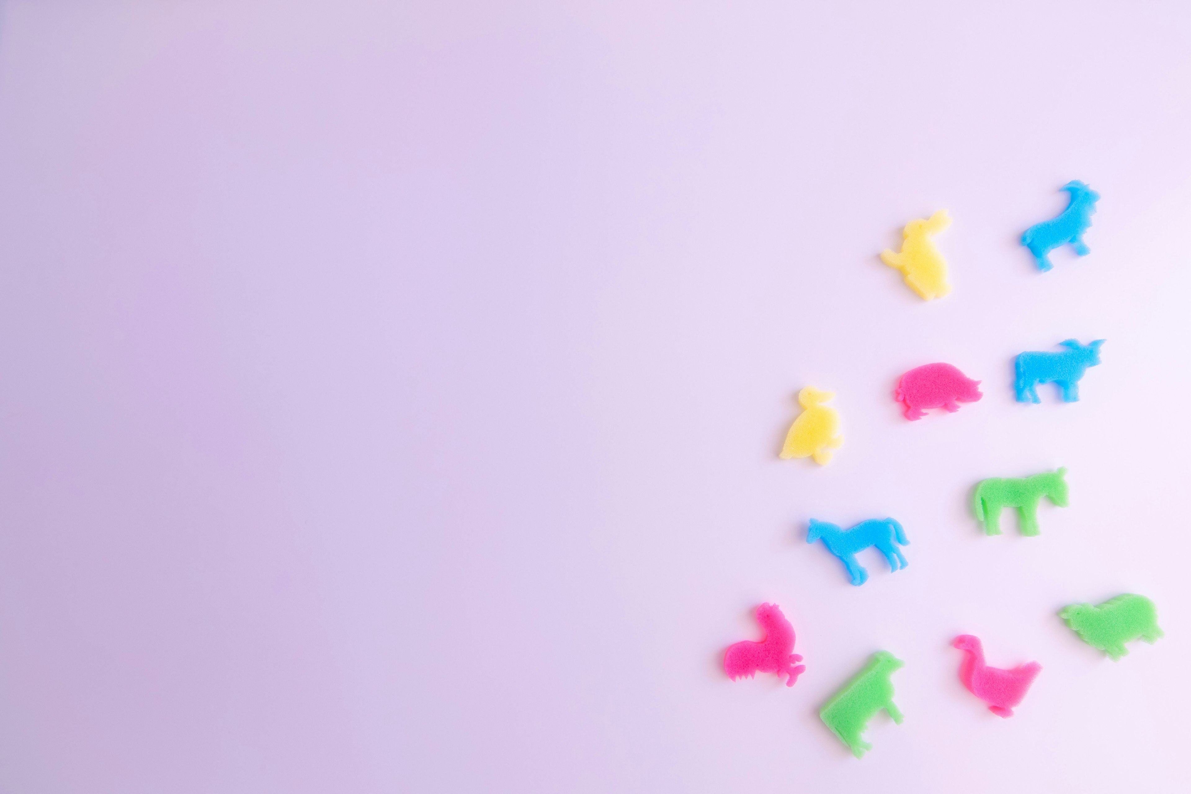 Colorful plastic animal figures scattered on a purple background