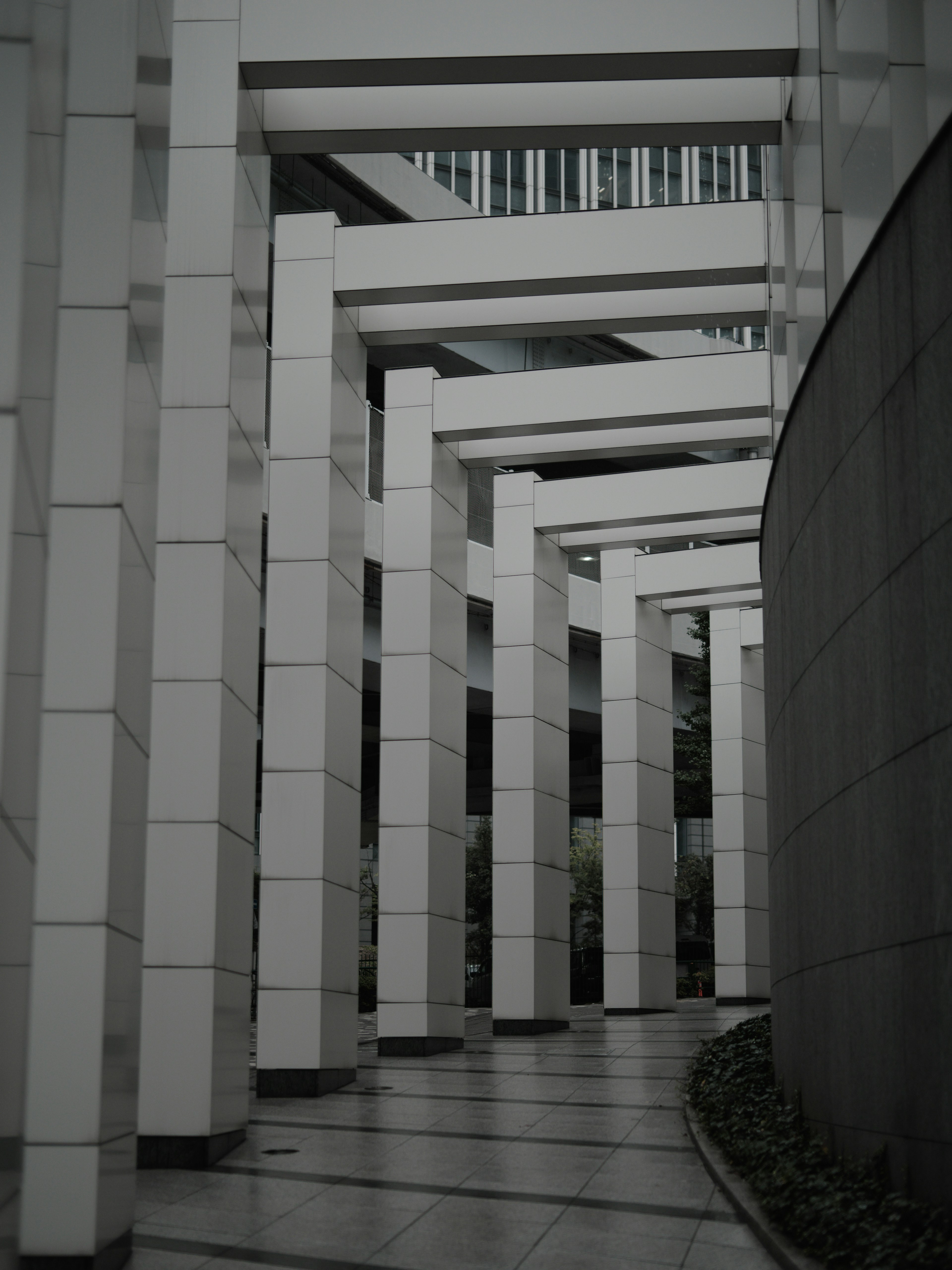 Extérieur architectural moderne avec des piliers blancs et un chemin courbé