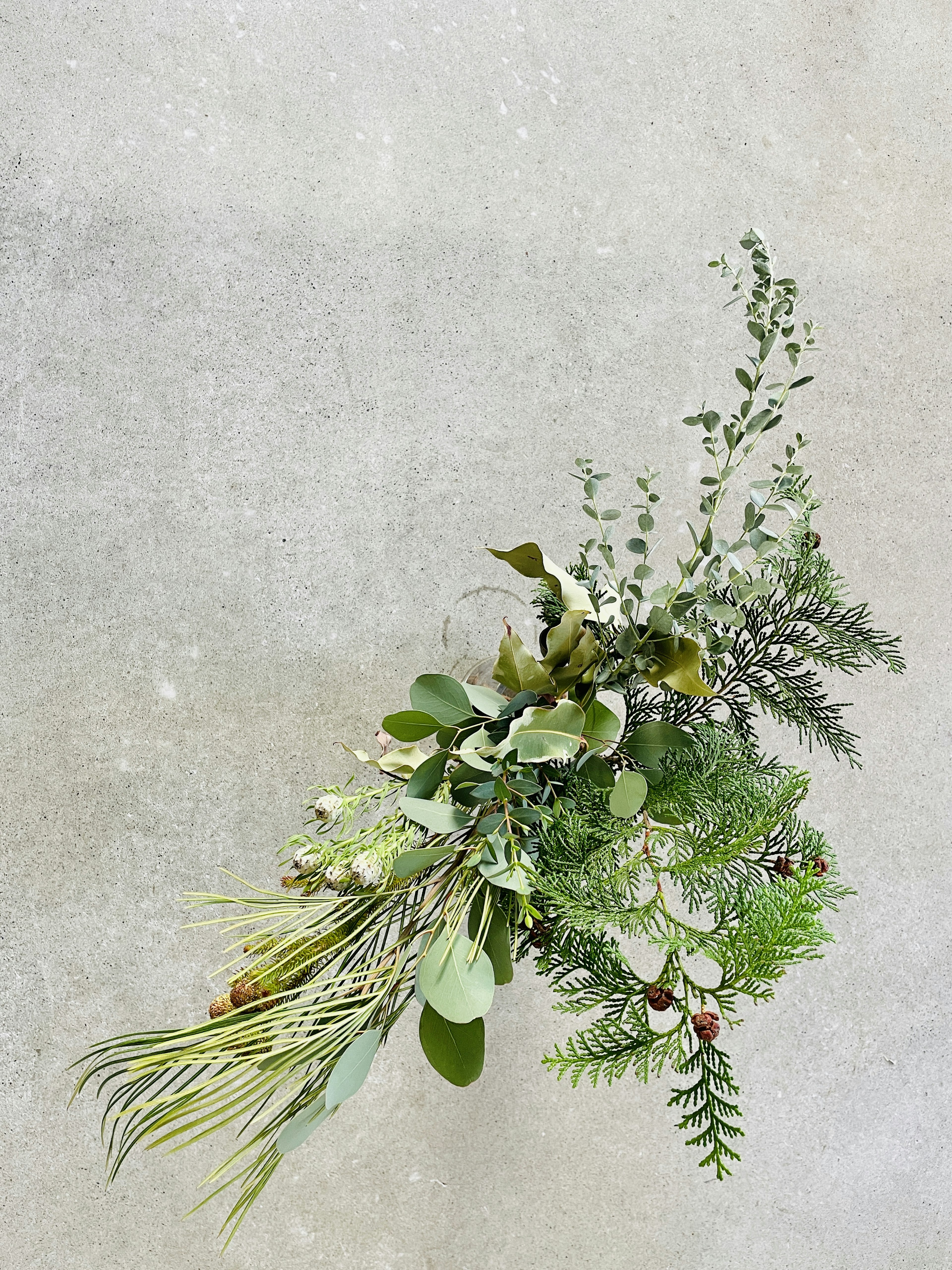 A bouquet of various green plants and leaves arranged against a textured wall