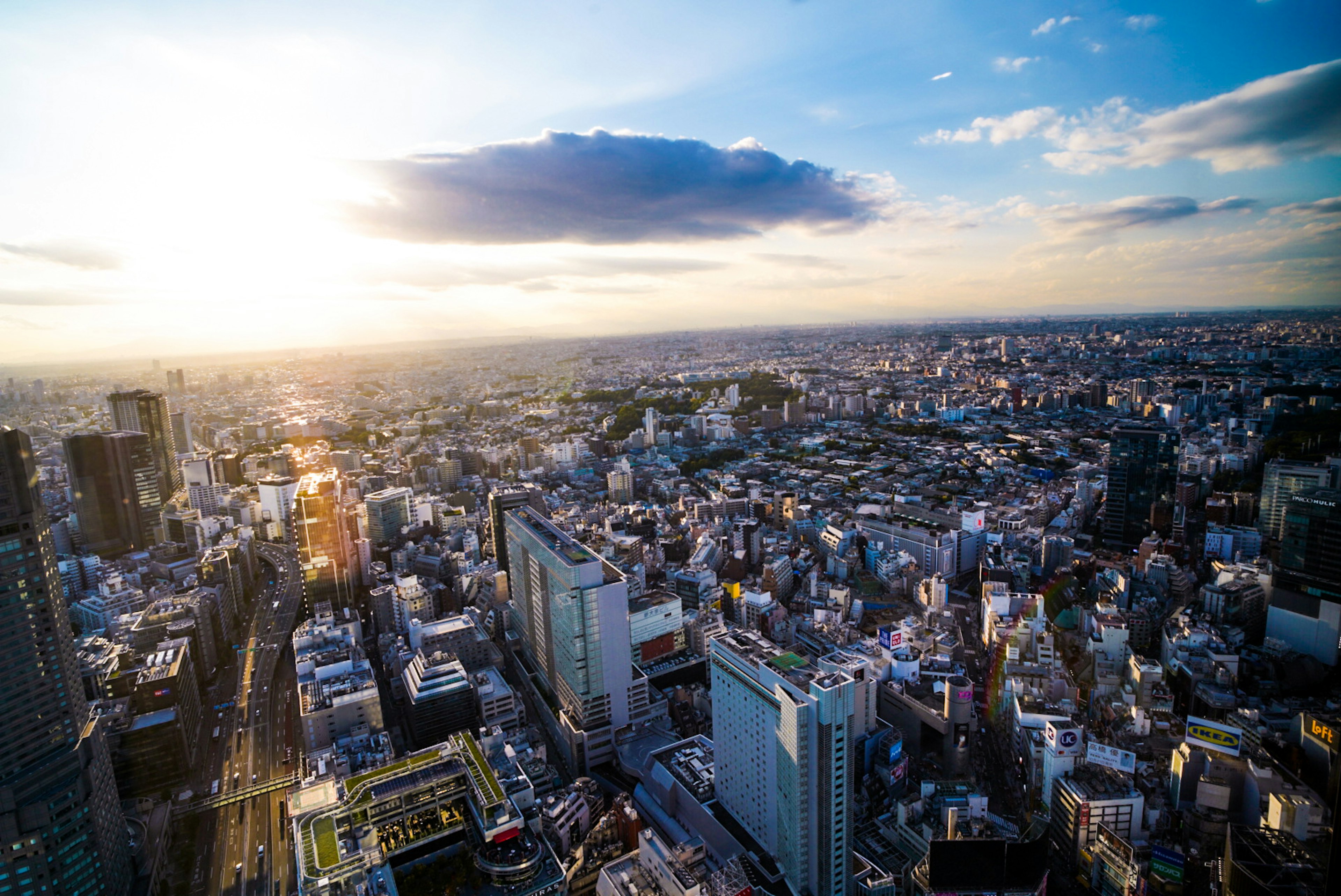 東京の都市風景と夕日が映える空