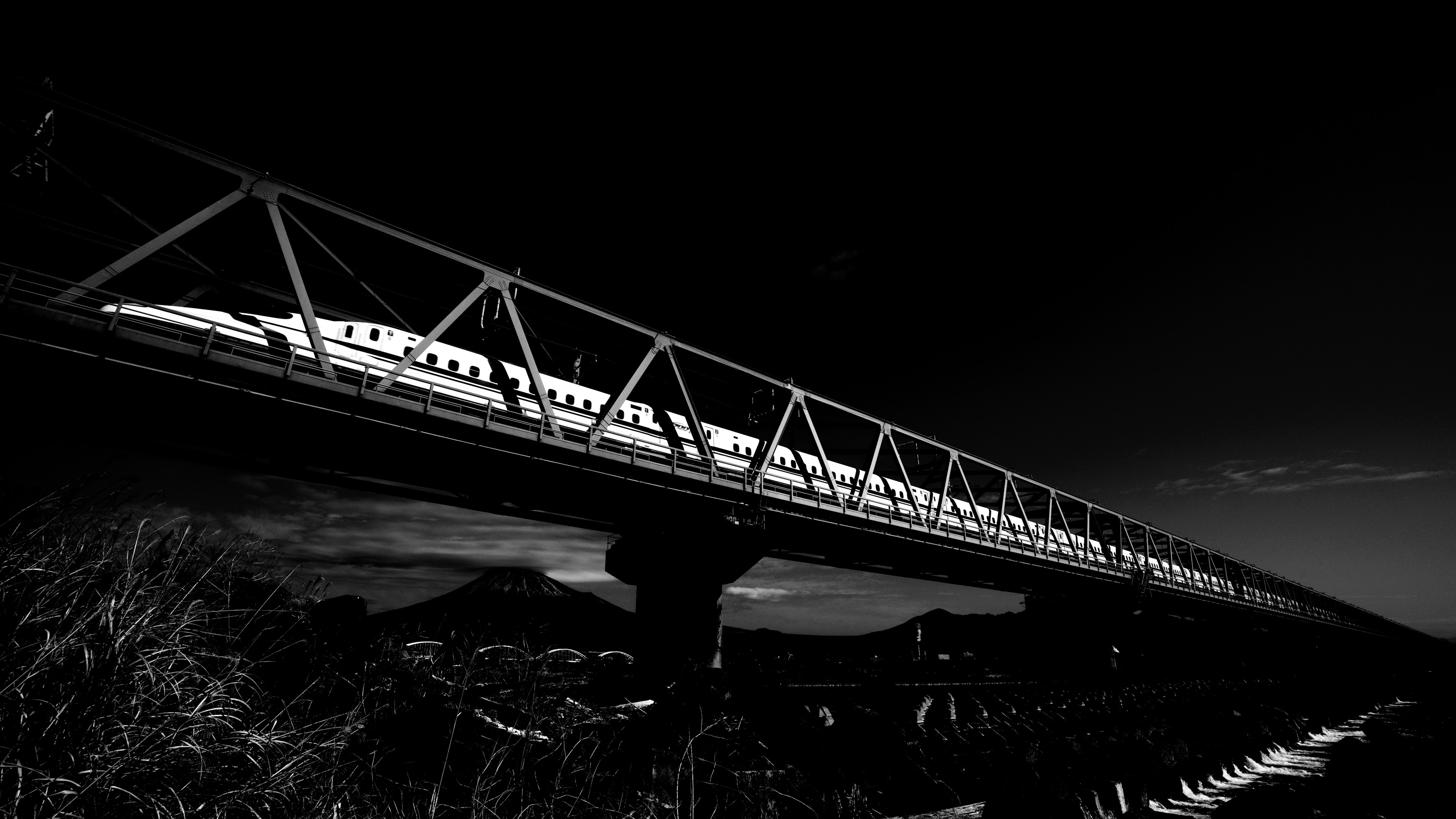 Schwarzweißfoto einer erhöhten Eisenbahnbrücke aus einer niedrigen Perspektive