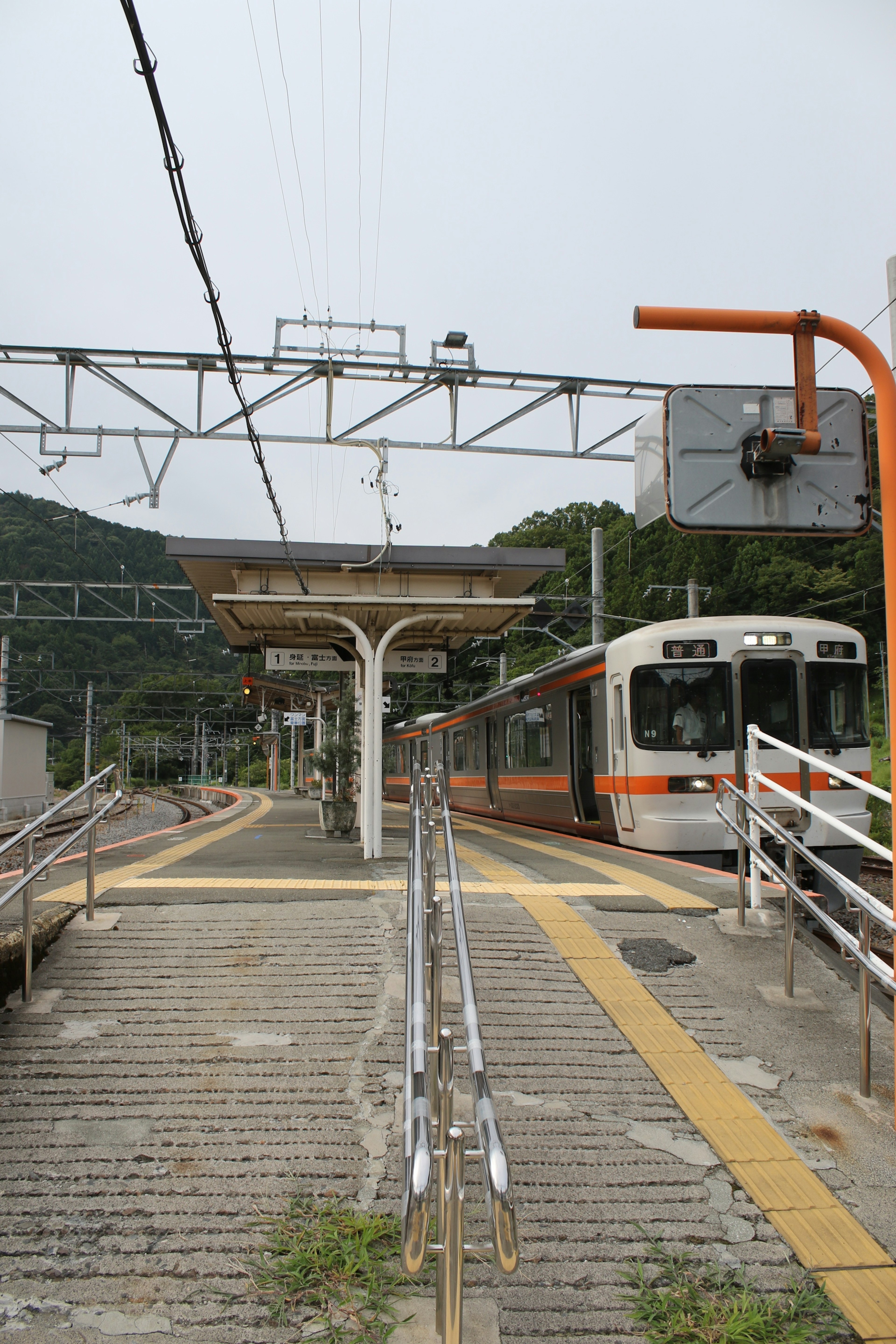 Plataforma de estación de tren con un tren que llega cielo nublado y fondo montañoso