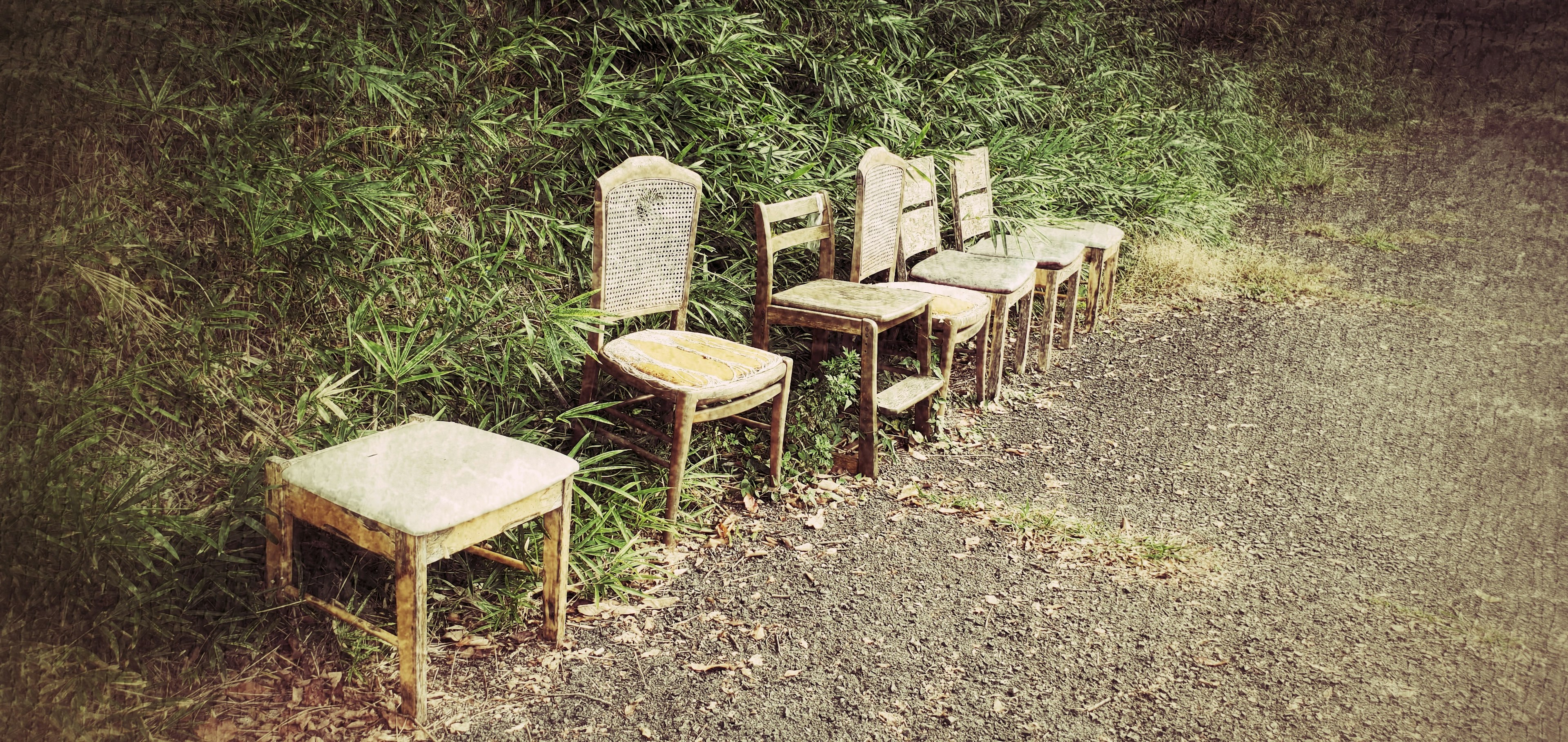 Une rangée de vieilles chaises en bois sur un chemin de gravier