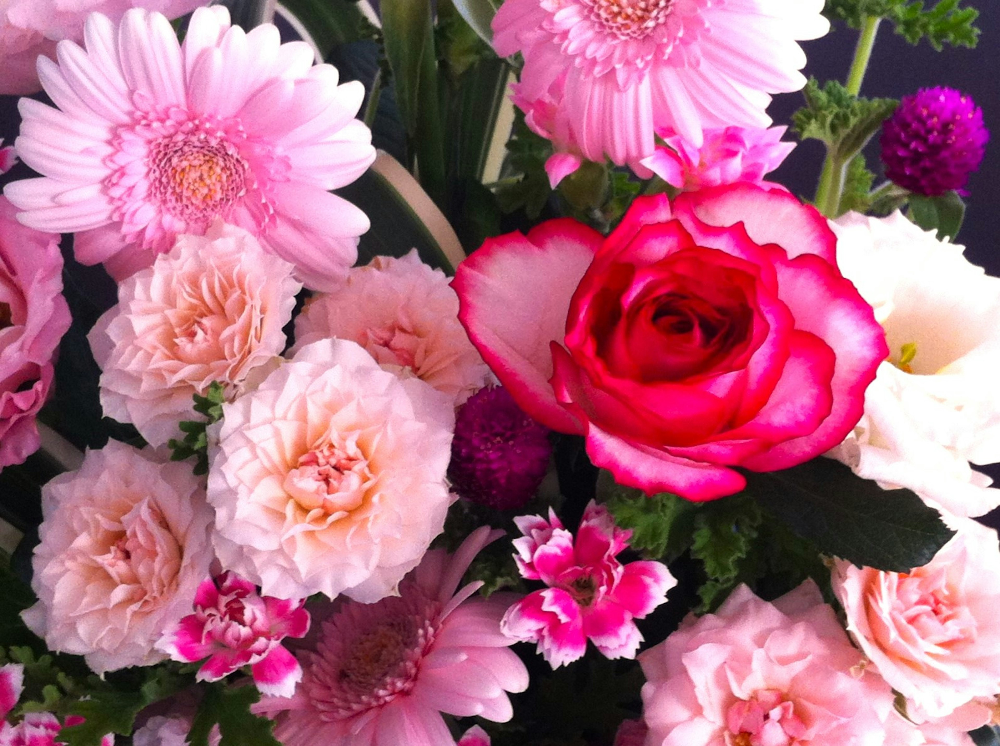 A vibrant bouquet of flowers featuring pink roses and gerbera daisies