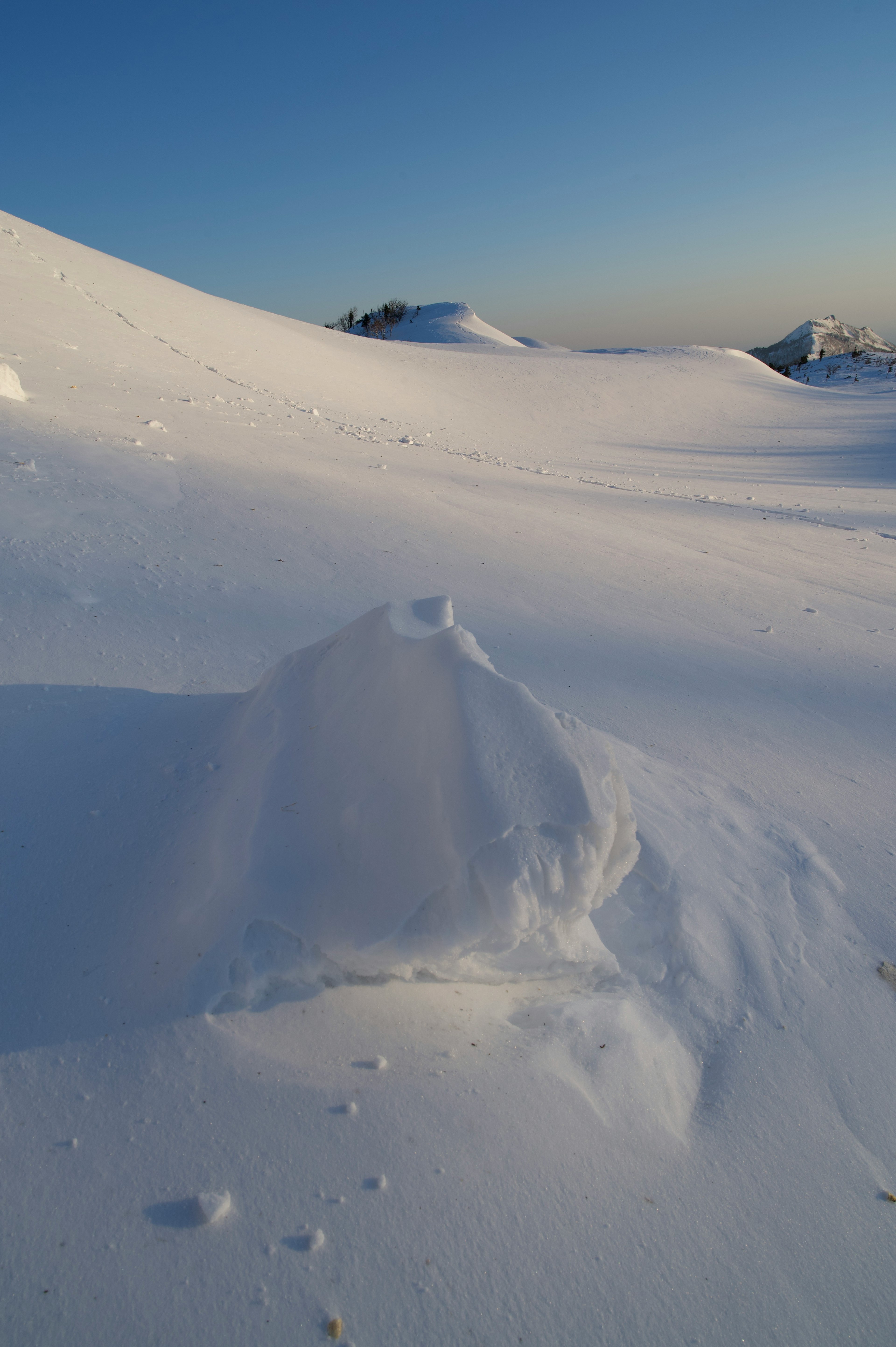 Un piccolo cumulo di neve in un vasto paesaggio innevato sotto un cielo blu chiaro