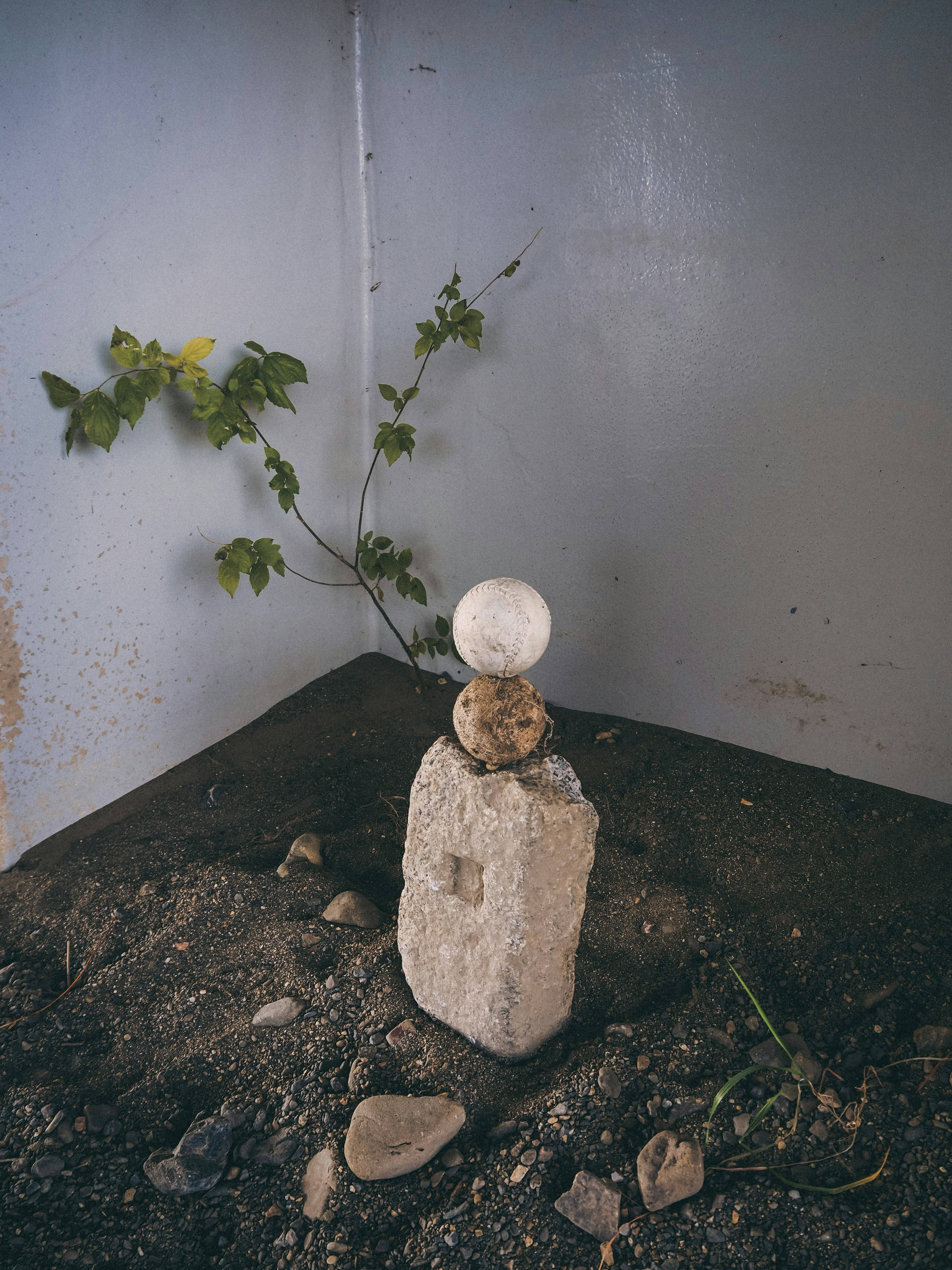 A white sphere balanced on a stone sculpture in a quiet corner with soil and greenery