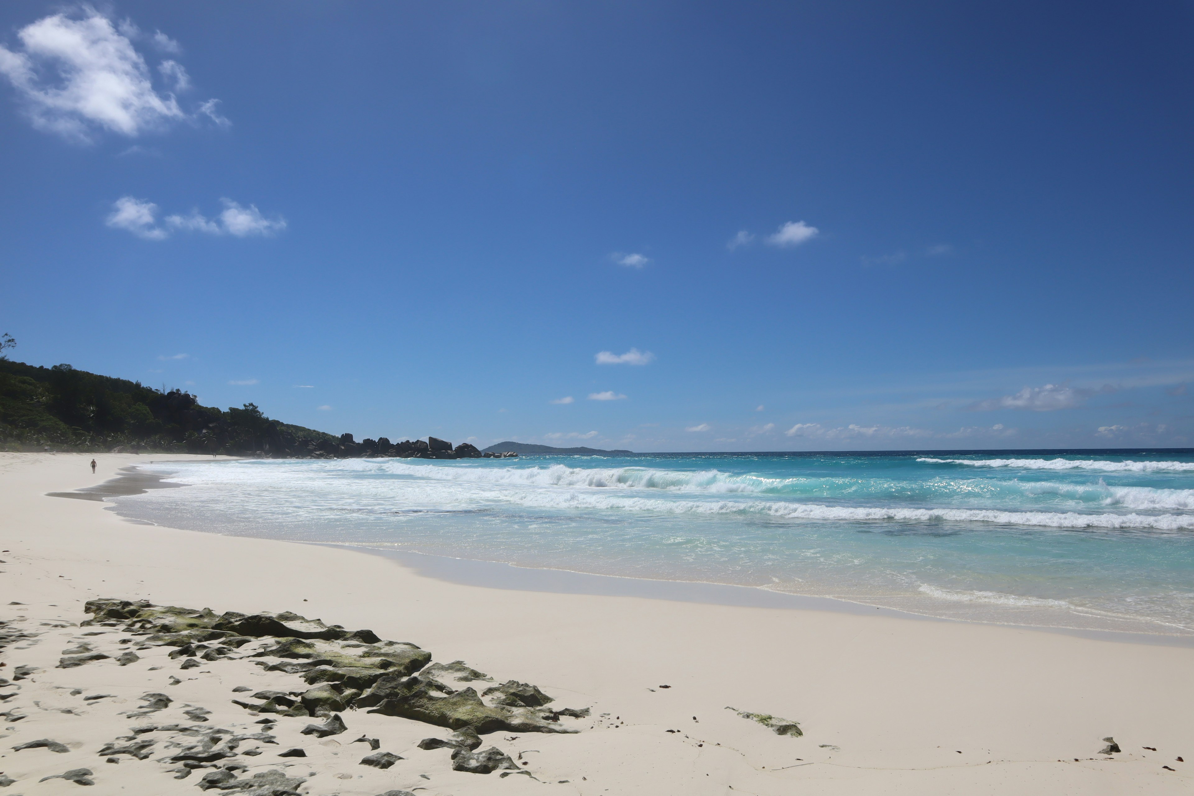 Vista escénica de la playa con olas suaves y cielo azul claro