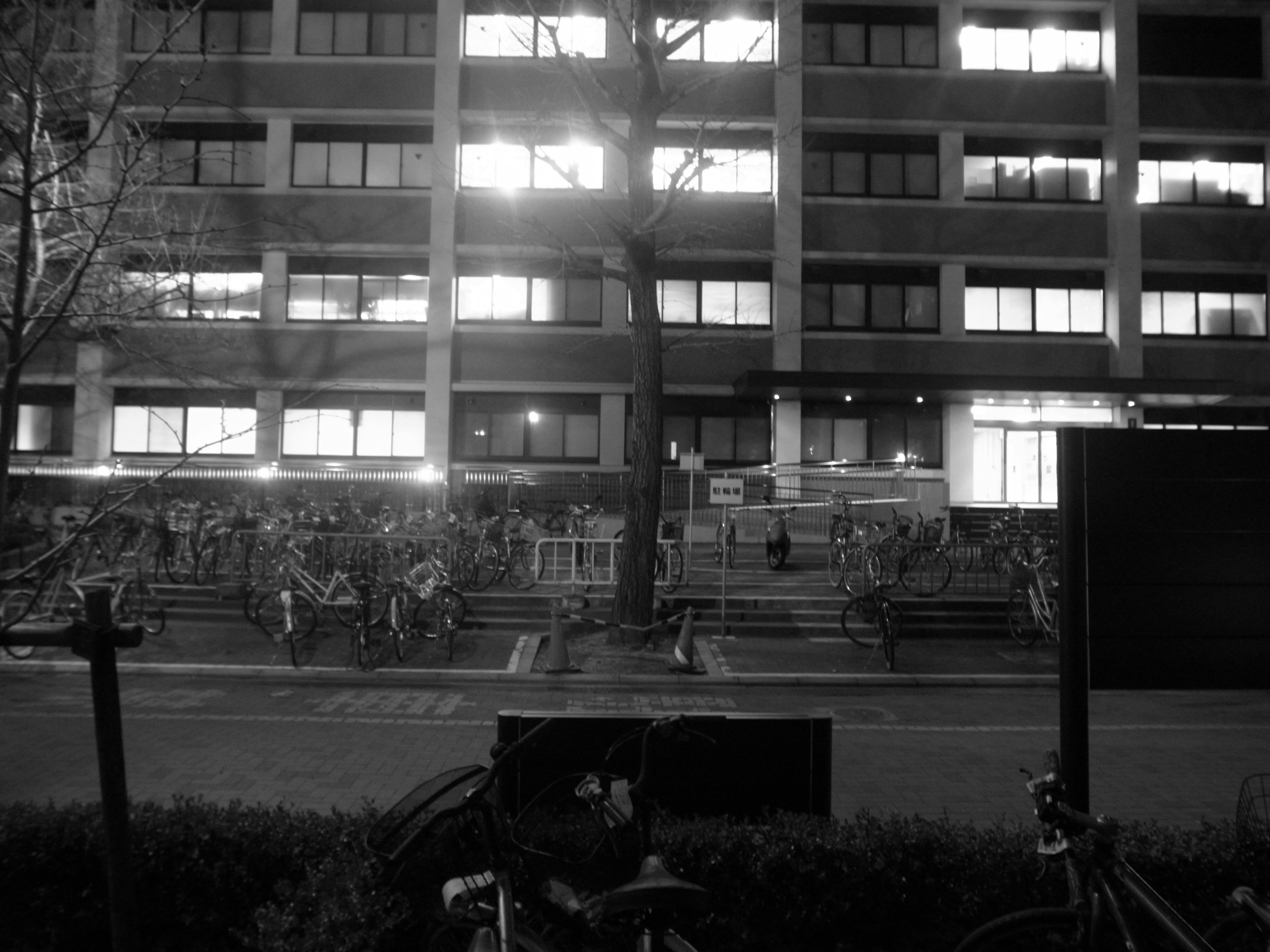 Black and white image of a building facade with bright windows in an urban setting