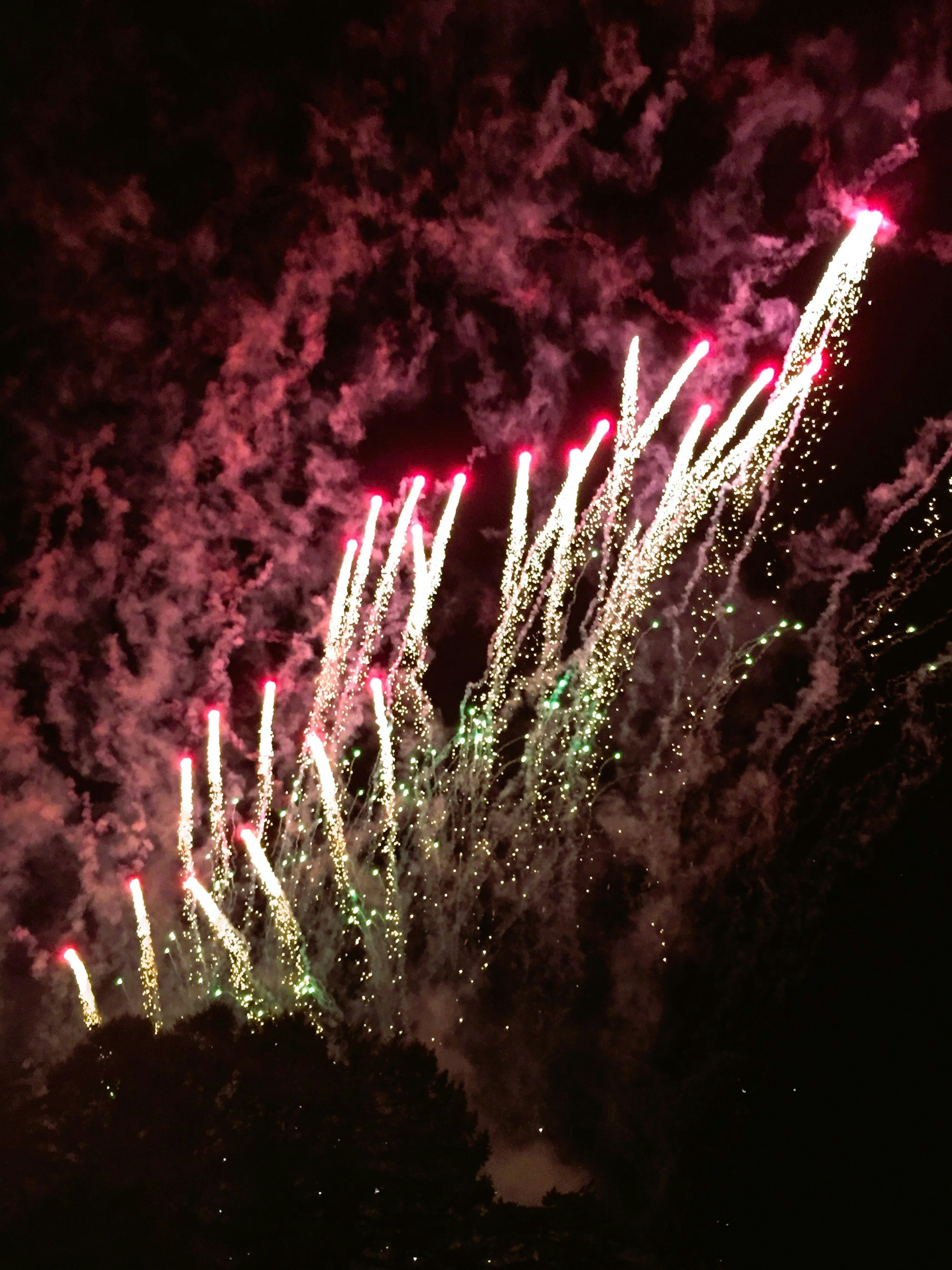 夜空に花火が上がる様子 赤や緑の火花が広がる