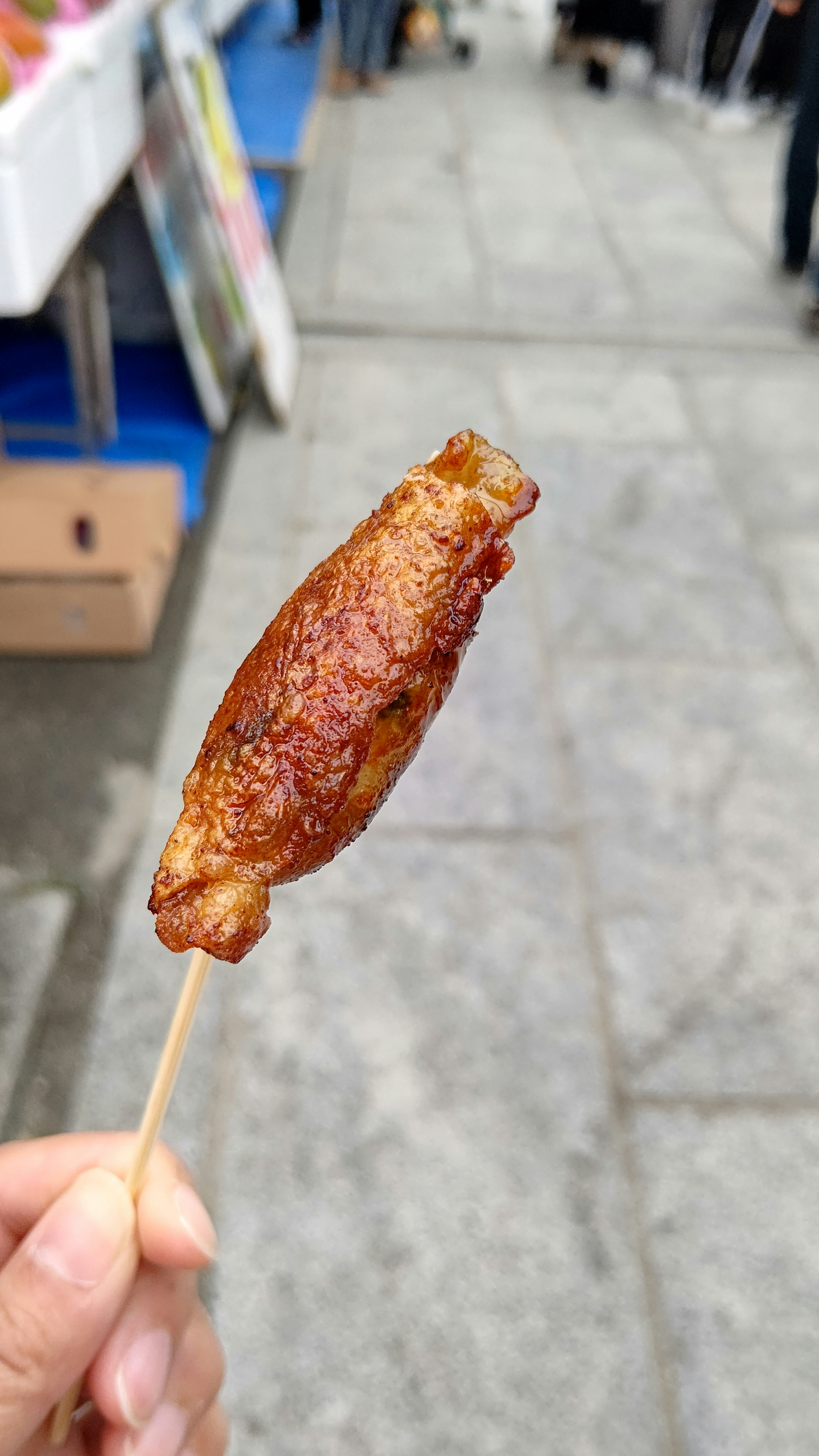 Grilled skewer of meat held in hand street food scene